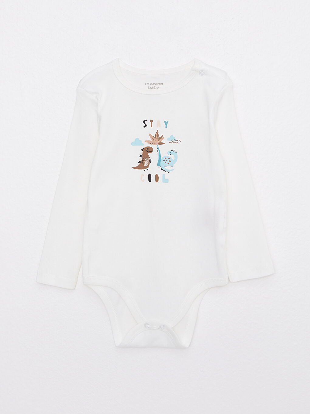 Ekru Bisiklet Yaka Uzun Kollu Baskılı Pamuklu Erkek Bebek Çıtçıtlı Body 2'li-1