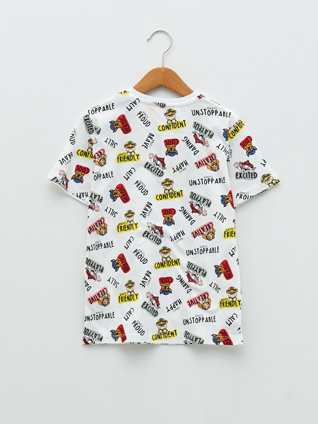 Beyaz Bisiklet Yaka Paw Patrol Baskılı Kısa Kollu Pamuklu Erkek Çocuk Tişört-1