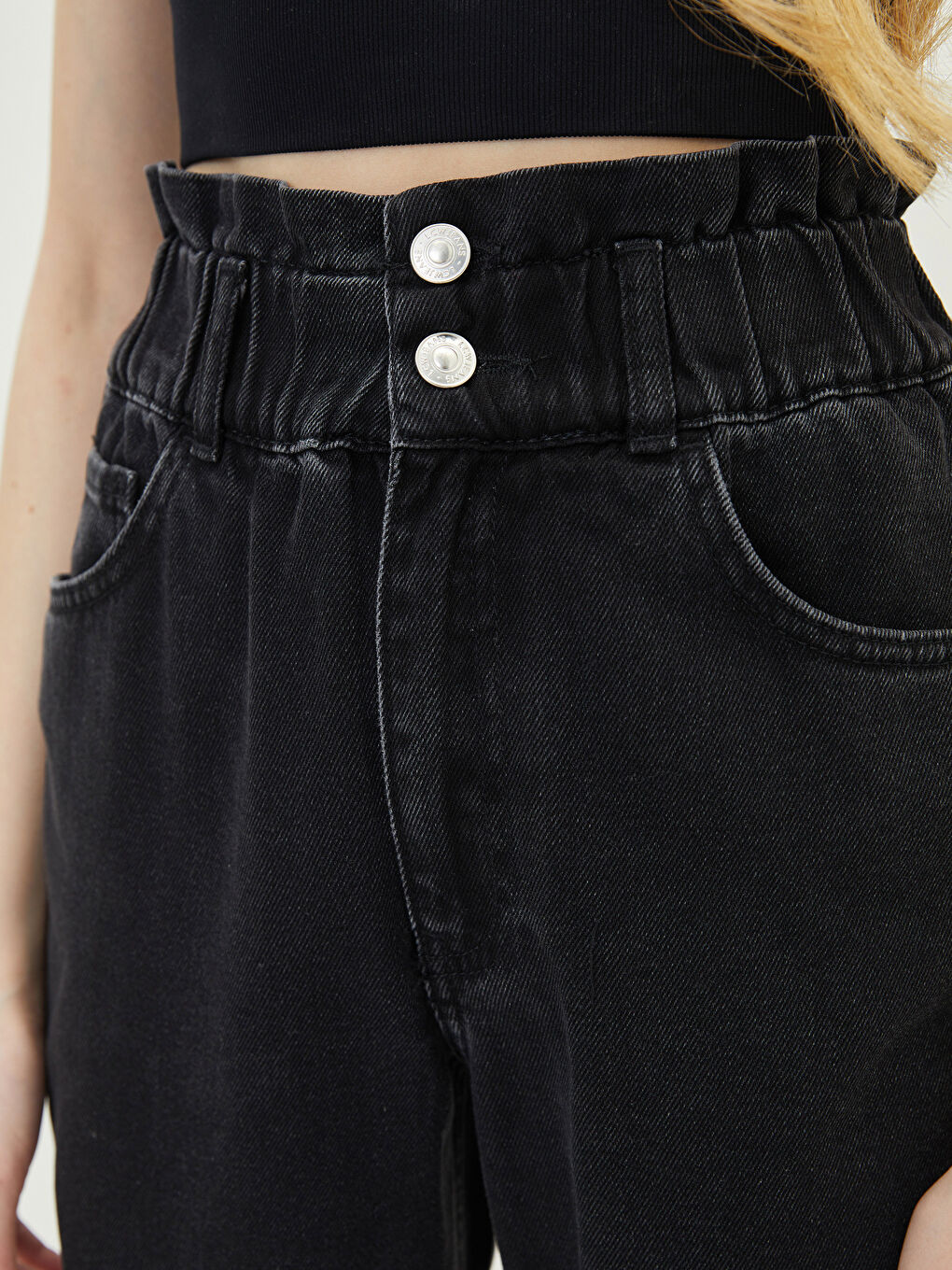 Siyah Yüksek Bel Slouchy Cep Detaylı Kadın Rodeo Jean Pantolon-2