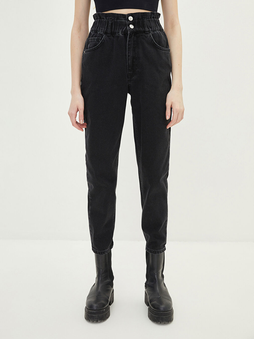 Siyah Yüksek Bel Slouchy Cep Detaylı Kadın Rodeo Jean Pantolon-3