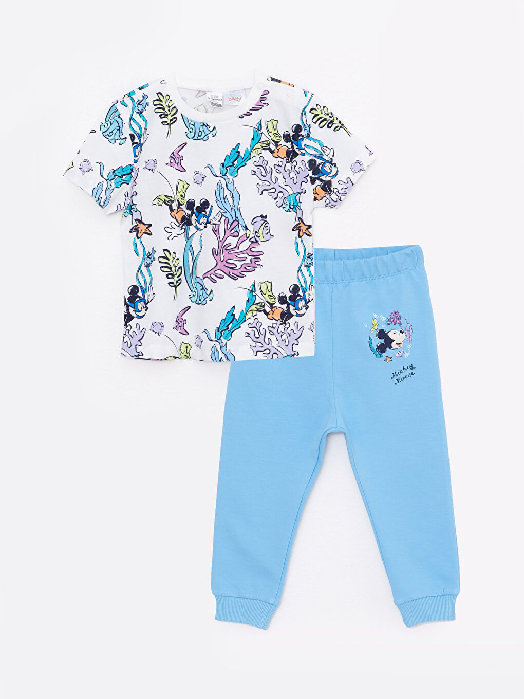 Ekru Bisiklet Yaka Kısa Kollu Mickey Mouse Baskılı Erkek Bebek Tişört ve Pantolon 2'li Takım