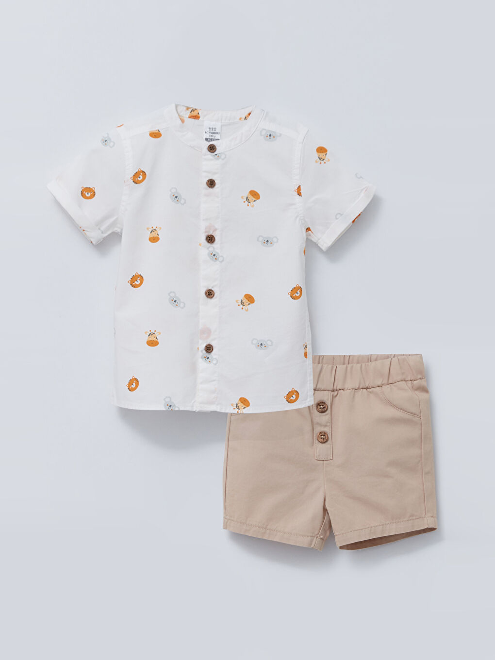 Collared Neck Short Sleeve Printed Baby Boys' Shirt and Shorts 2 Pack Set-3