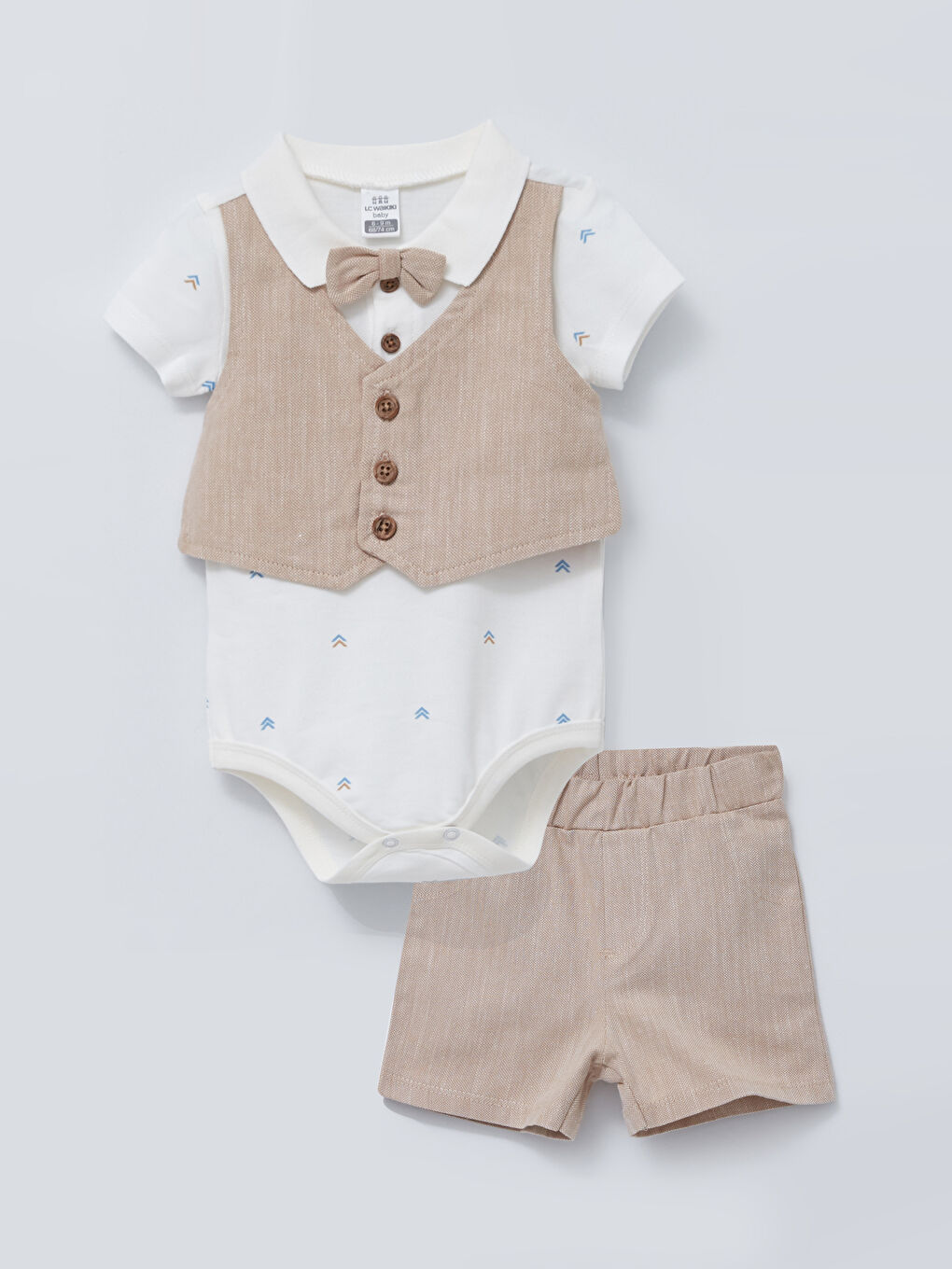 Polo Collar Short Sleeved Printed Cotton Baby Boy Snap Fastener Body and Shorts 2-Piece Set