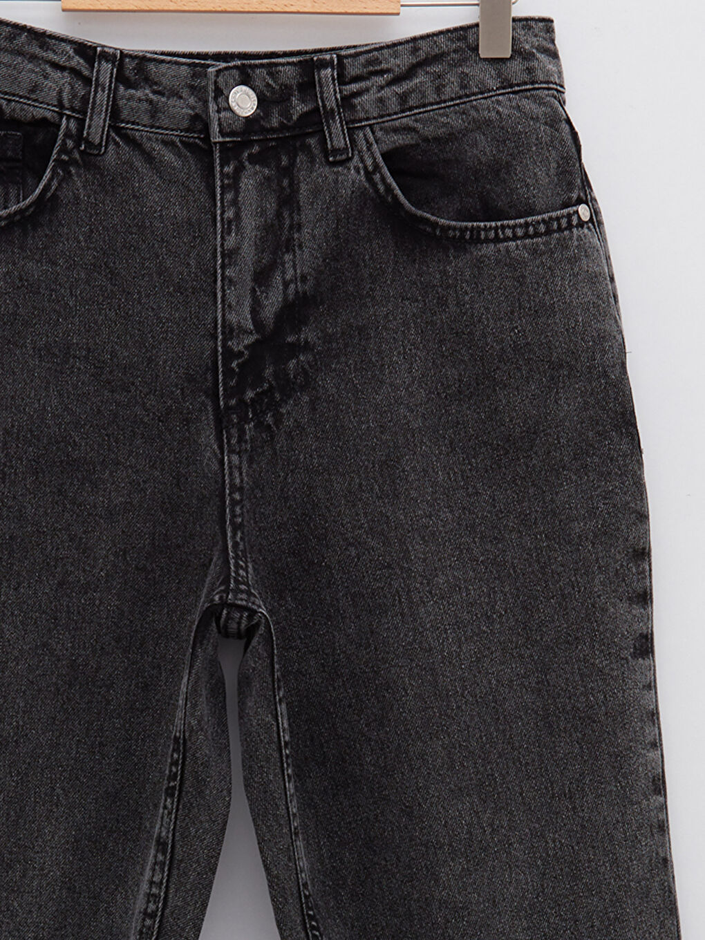 Jean en Coton à Taille Haute, Coupe Droite, avec Détails de Poches pour Femmes-6