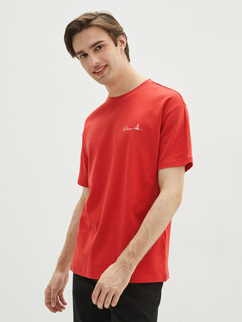 Kırmızı Bisiklet Yaka Penye Erkek Tişört-1