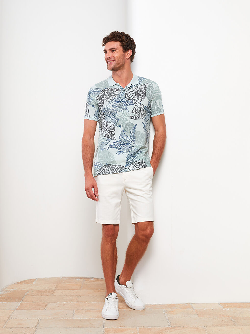 Yeşil Polo Yaka Kısa Kollu Desenli Pike Erkek Tişört