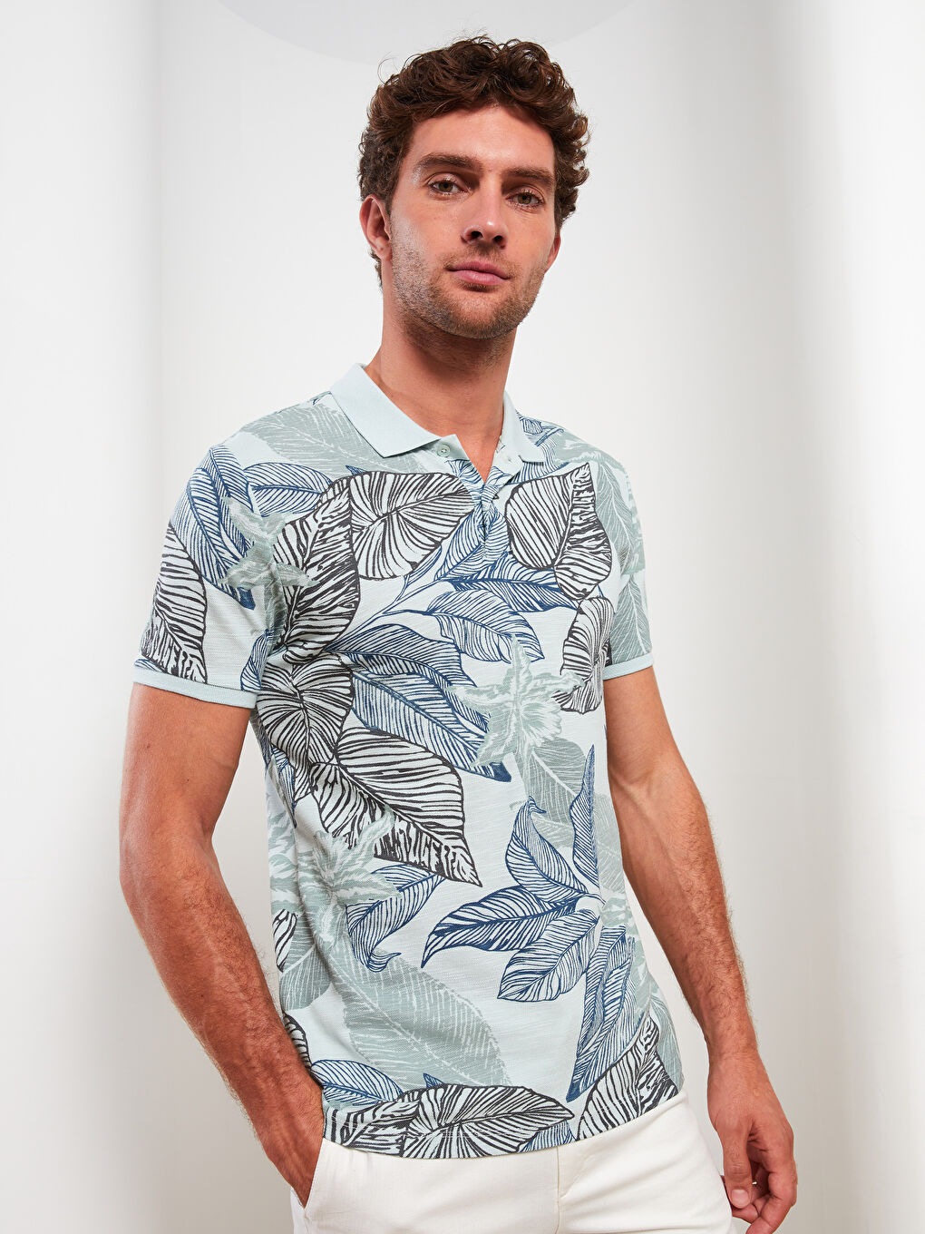 Yeşil Polo Yaka Kısa Kollu Desenli Pike Erkek Tişört-1