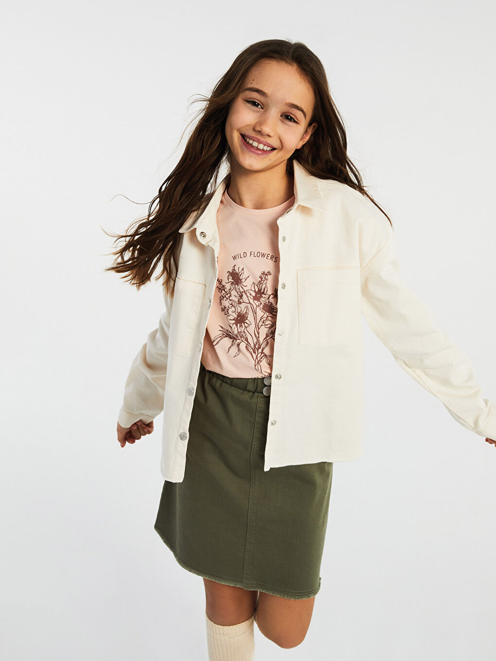 Chemise Veste Basique Fille en Gabardine à Manches Longues