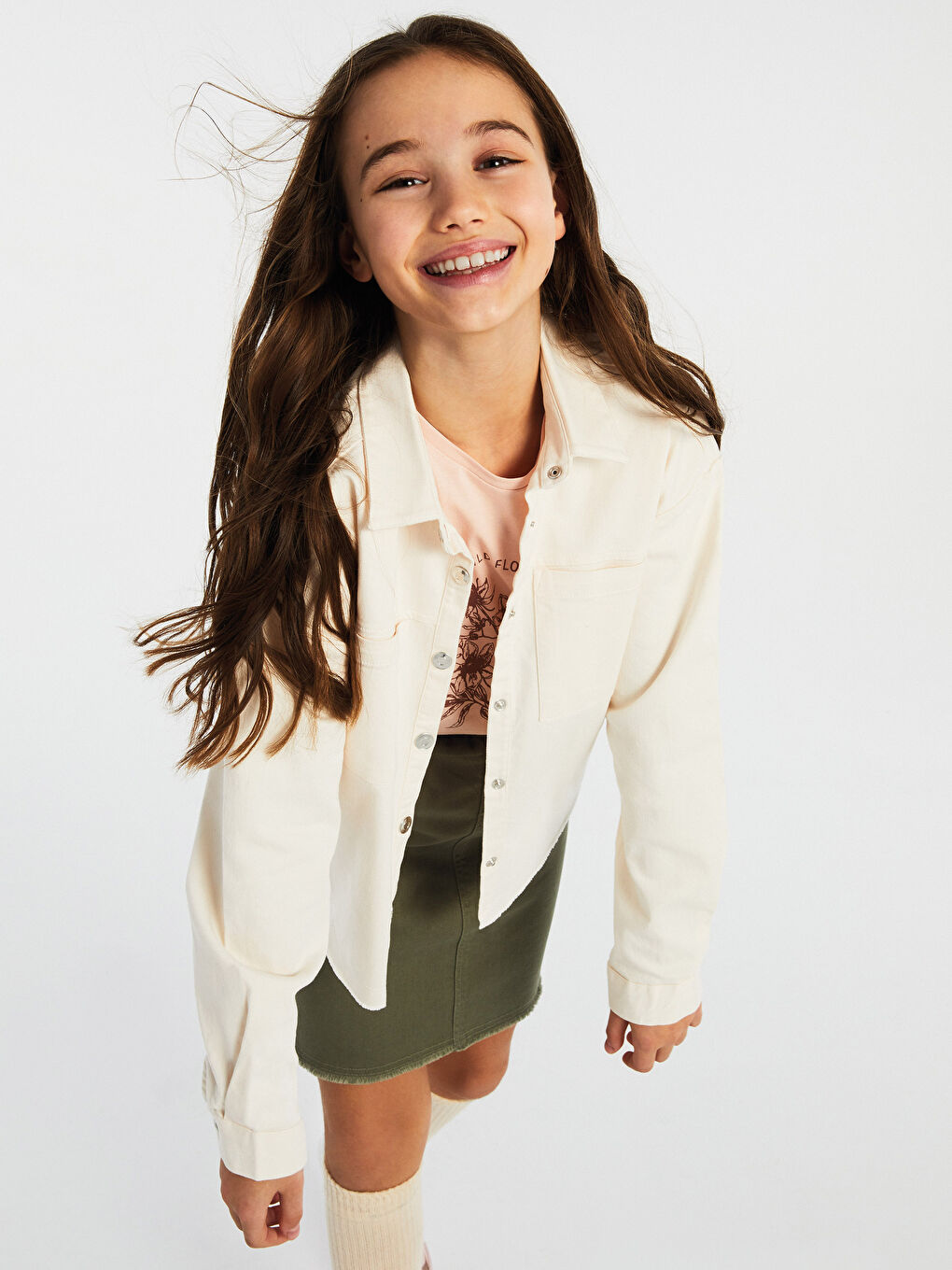 Chemise Veste Basique Fille en Gabardine à Manches Longues-1