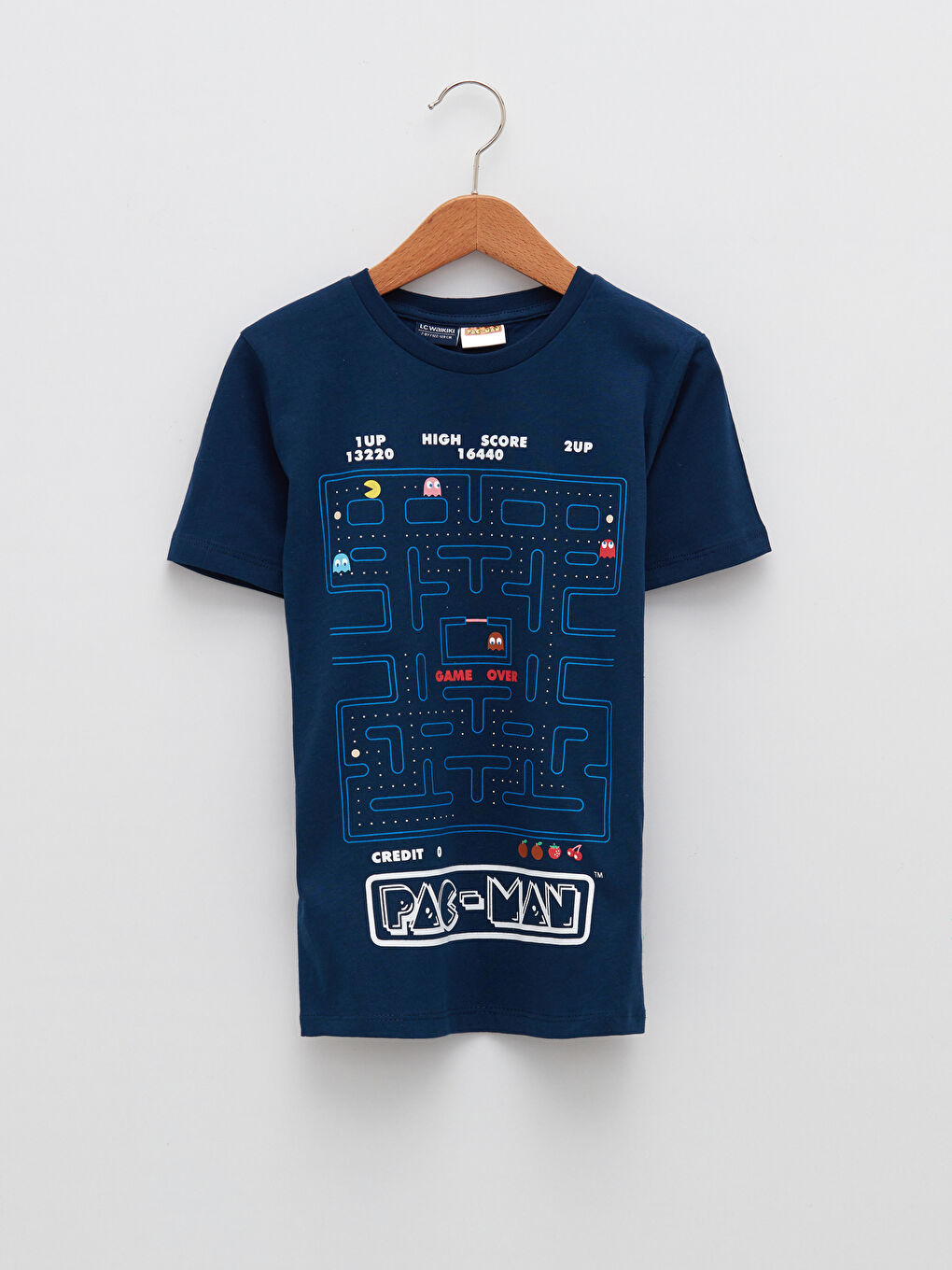 Lacivert Bisiklet Yaka Pac-Man Baskılı Kısa Kollu Pamuklu Erkek Çocuk Tişört