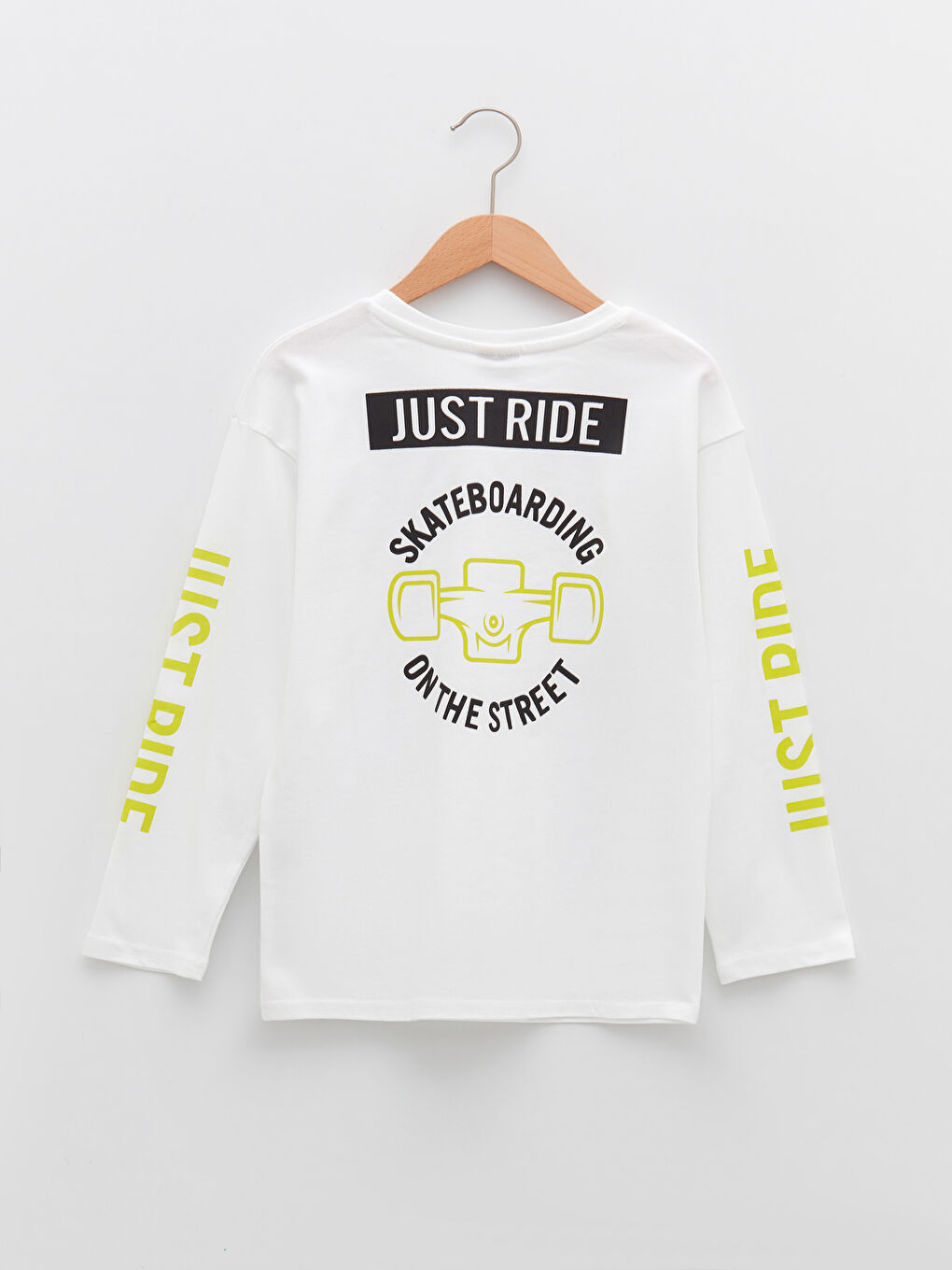 Beyaz Bisiklet Yaka Baskılı Uzun Kollu Pamuklu Erkek Çocuk Tişört-1