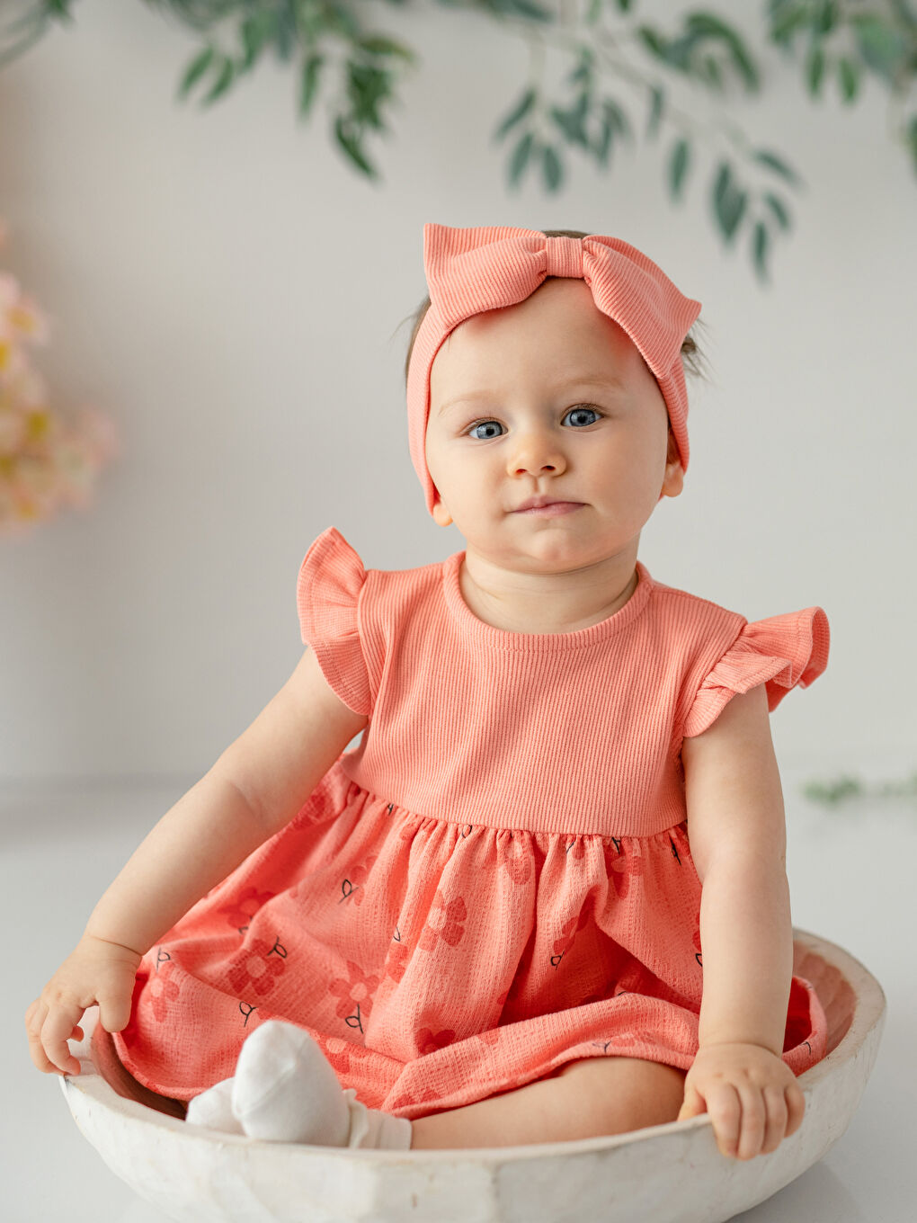 Crew Neck Printed Baby Girl Dress and Headband 2-Pack Set