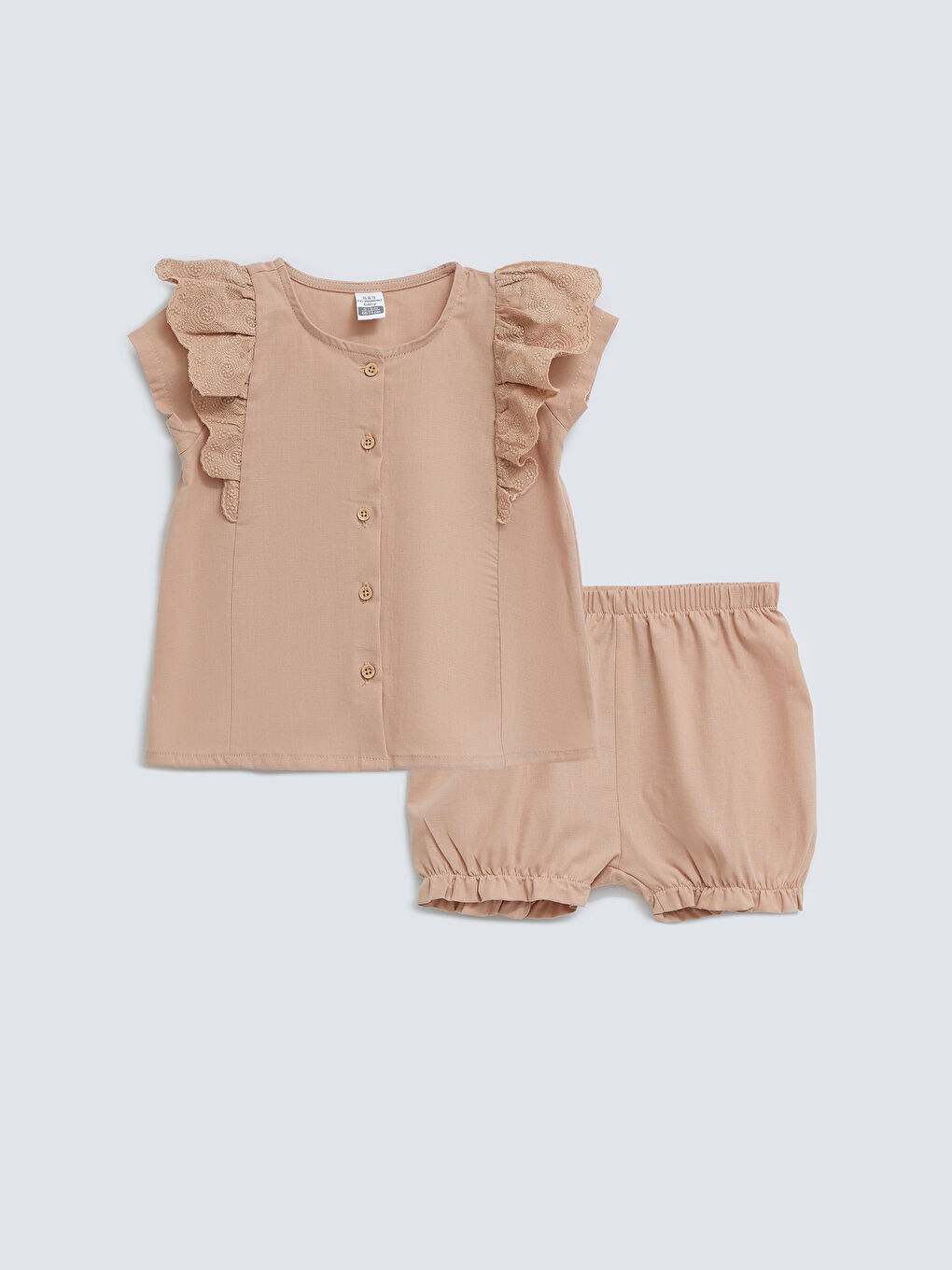 بلوزة وشورت قطن أساسي بياقة دائرية وكم قصير لبنات رضع - طقم من قطعتين