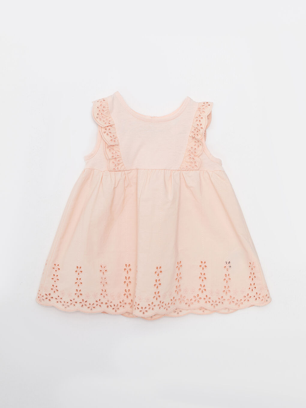 Pembe Bisiklet Yaka Kendinden Desenli Kız Bebek Elbise