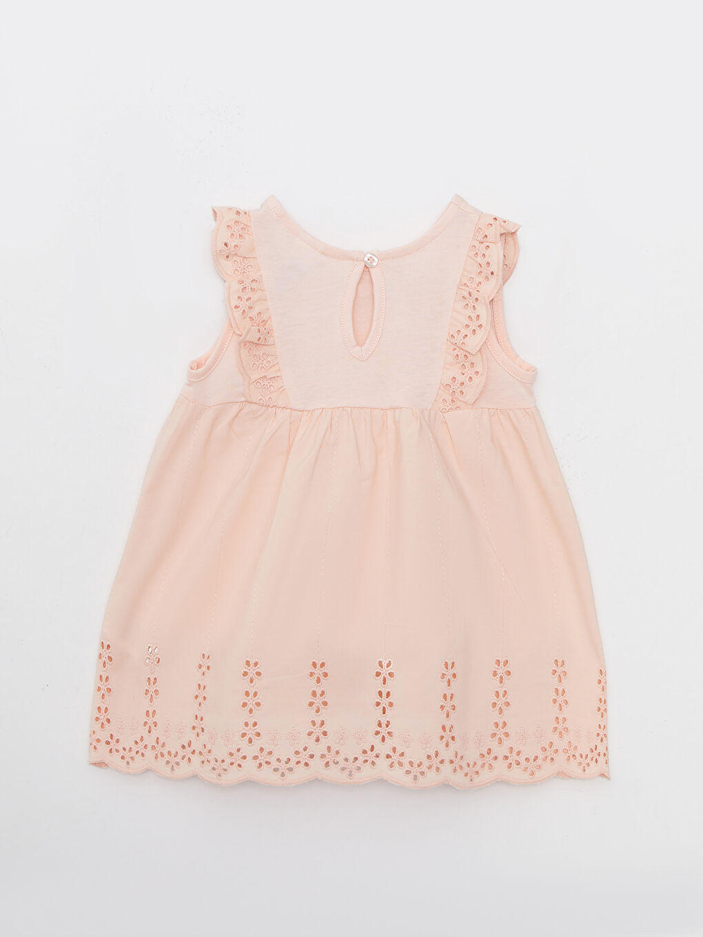 Pembe Bisiklet Yaka Kendinden Desenli Kız Bebek Elbise-1