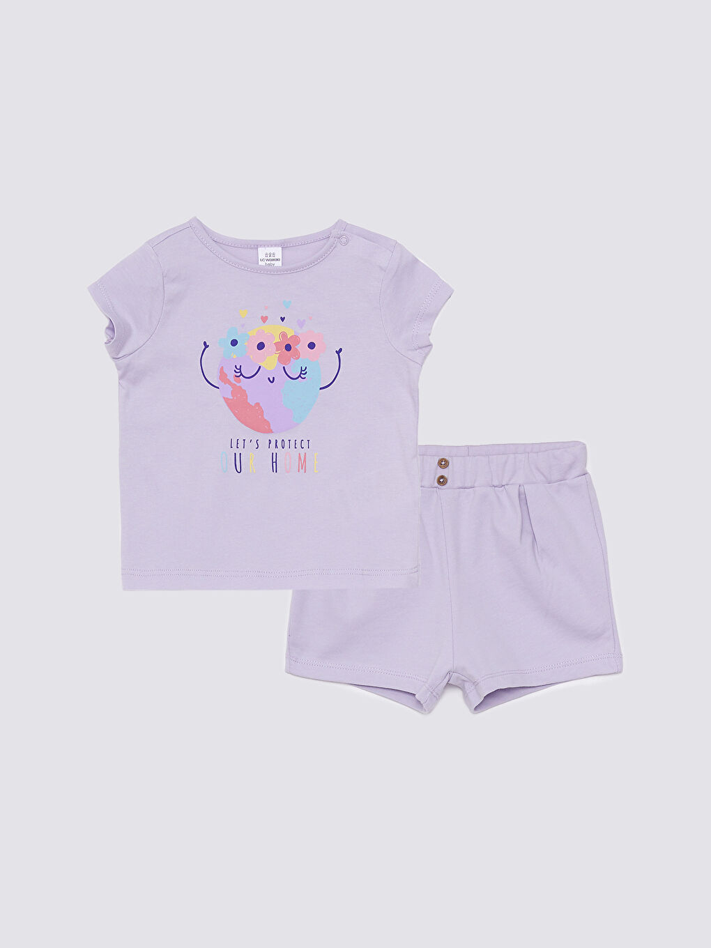 Lila Bisiklet Yaka Kısa Kollu Baskılı Pamuklu Kız Bebek Tişört ve Şort 2'li Takım