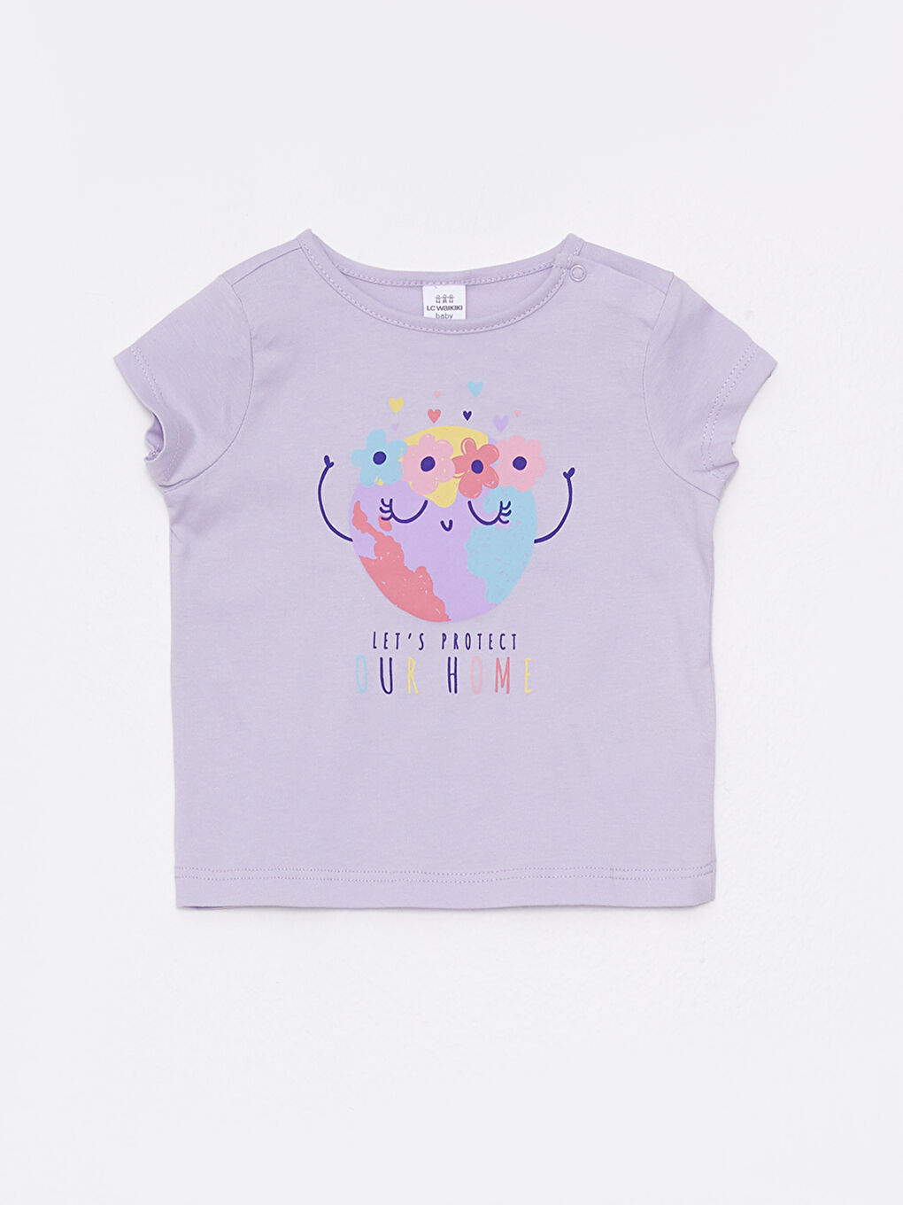 Lila Bisiklet Yaka Kısa Kollu Baskılı Pamuklu Kız Bebek Tişört ve Şort 2'li Takım-1