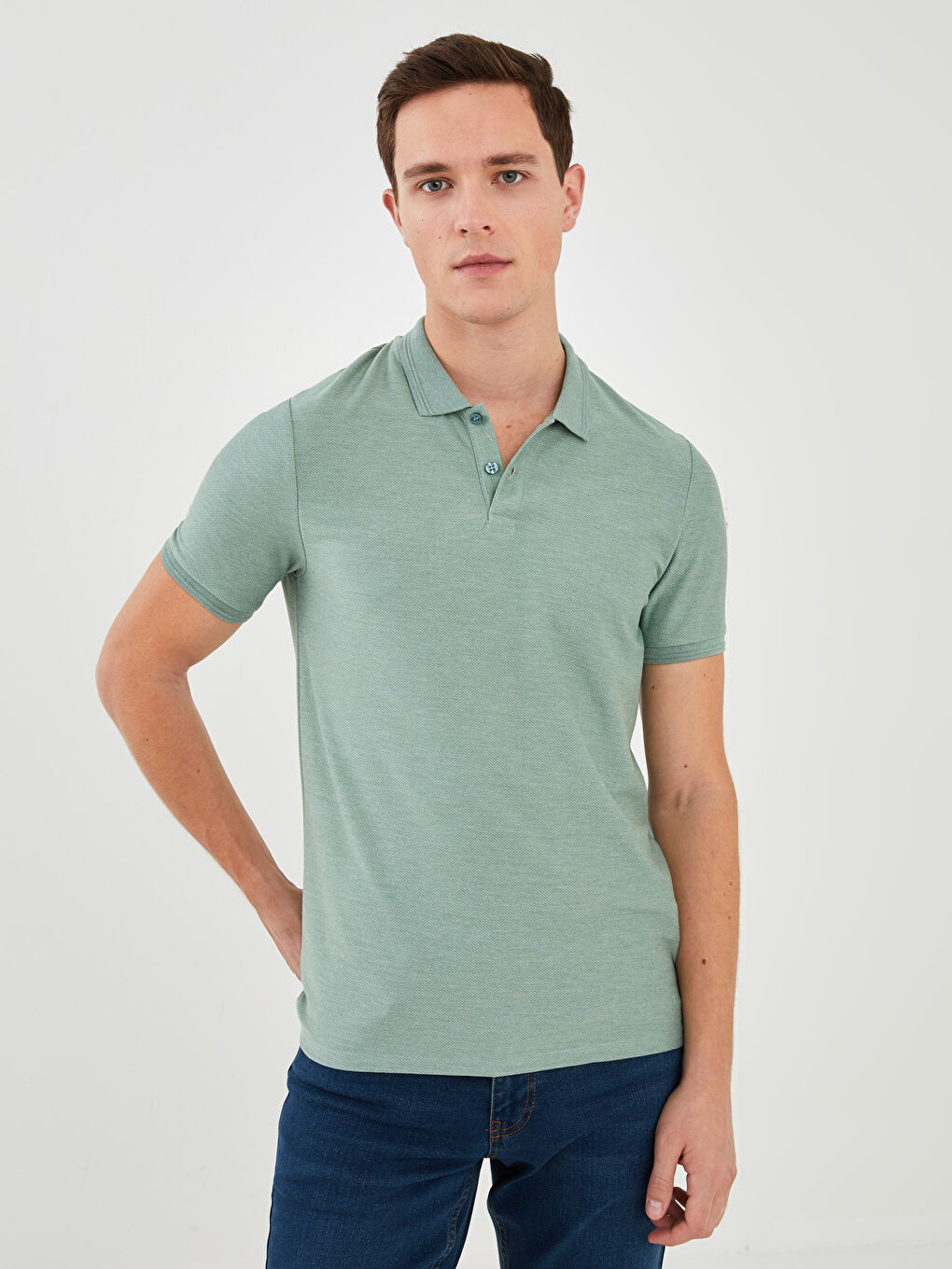 Yeşil Polo Yaka Kısa Kollu Penye Erkek Tişört