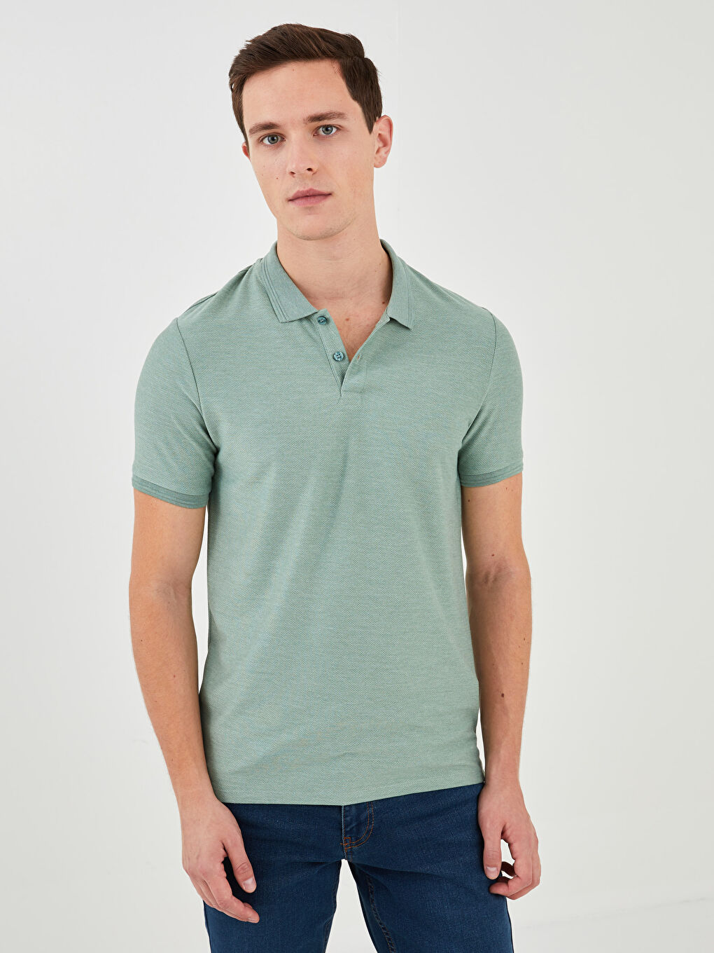Yeşil Polo Yaka Kısa Kollu Penye Erkek Tişört-1