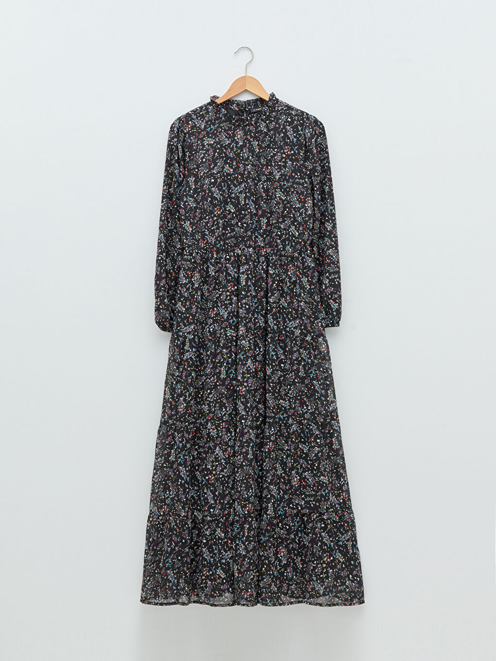 Siyah Fırfırlı Dik Yaka Desenli Uzun Kollu A Kesim Şifon Kadın Elbise-4