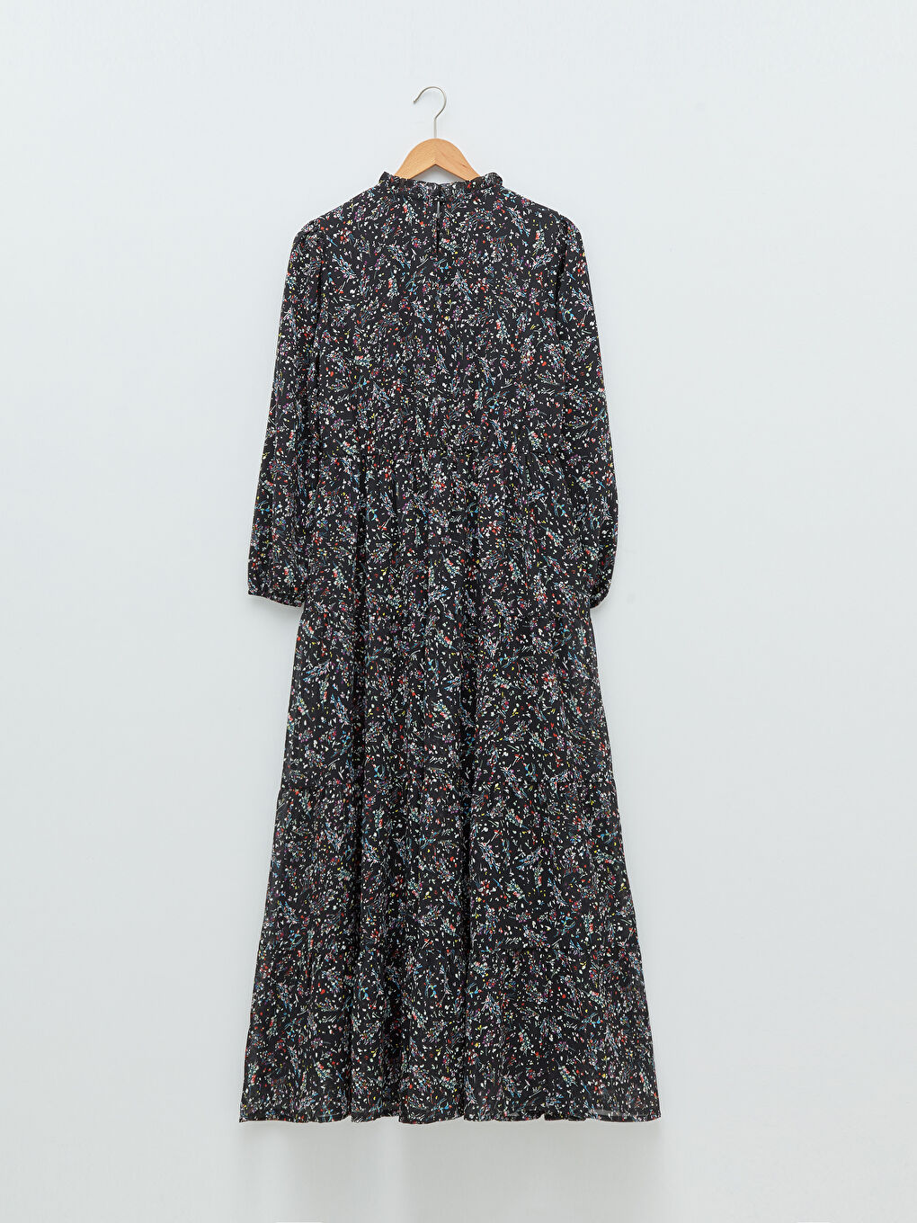 Siyah Fırfırlı Dik Yaka Desenli Uzun Kollu A Kesim Şifon Kadın Elbise-5