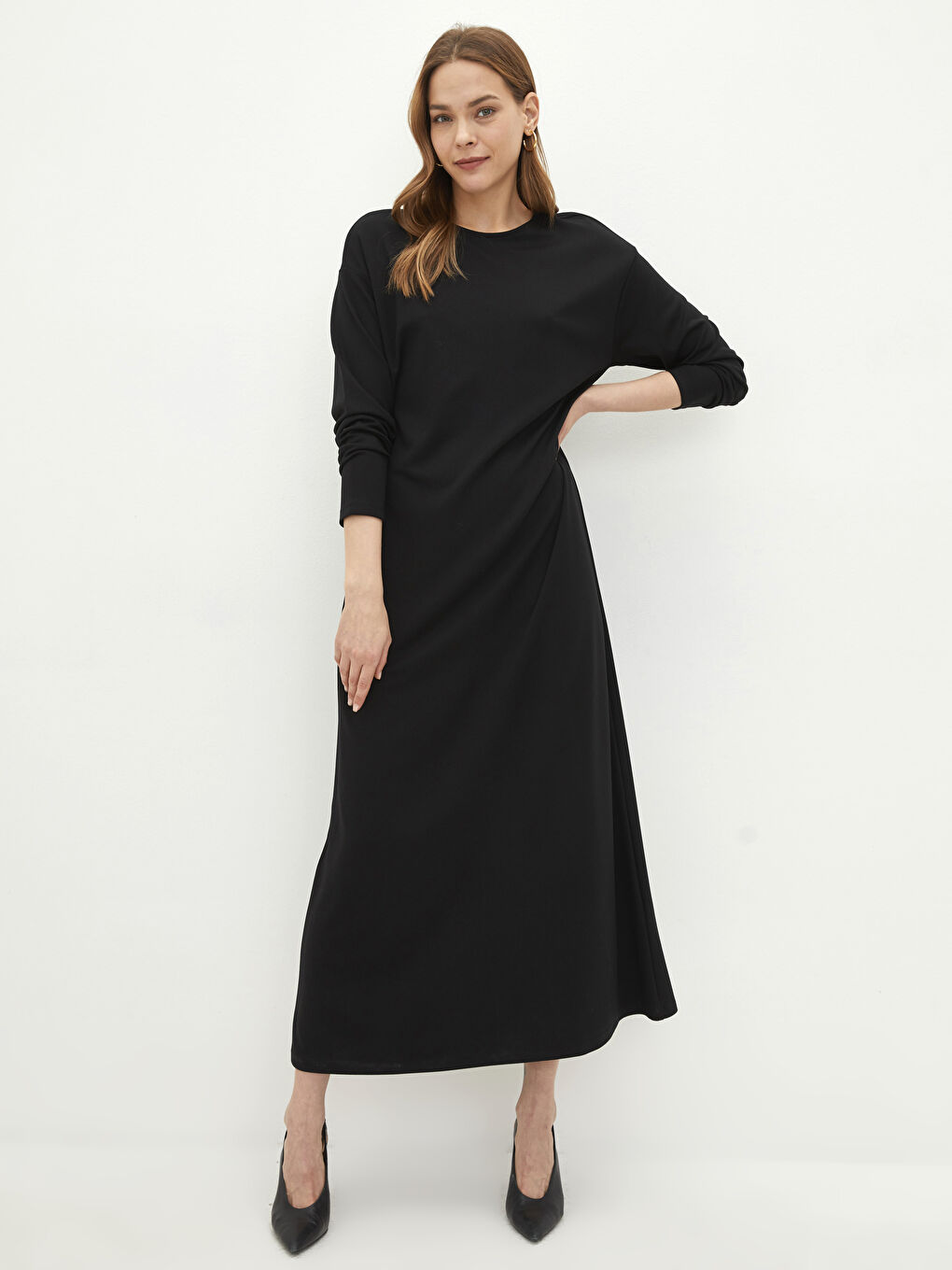 Siyah Bisiklet Yaka Düz Uzun Kollu A Kesim Ponte Kumaş Kadın Elbise