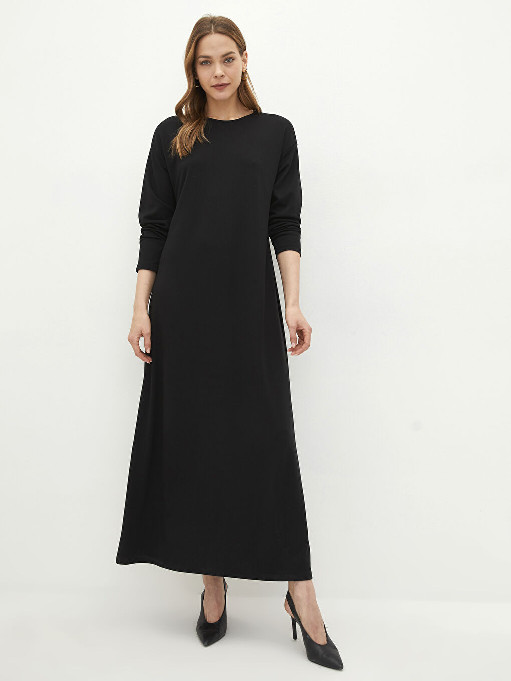 Siyah Bisiklet Yaka Düz Uzun Kollu A Kesim Ponte Kumaş Kadın Elbise-1
