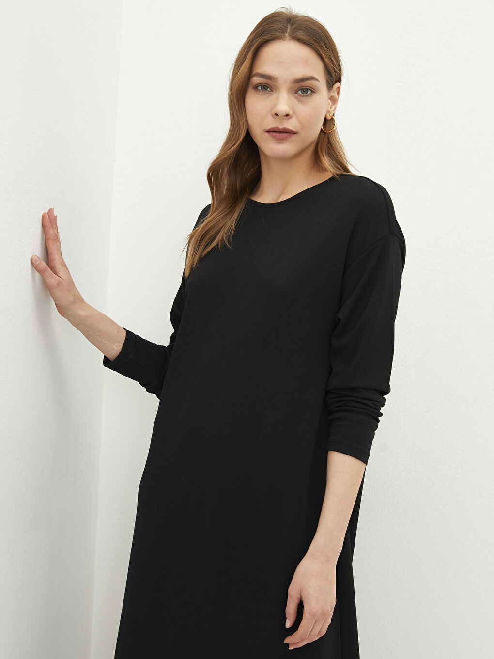 Siyah Bisiklet Yaka Düz Uzun Kollu A Kesim Ponte Kumaş Kadın Elbise-2