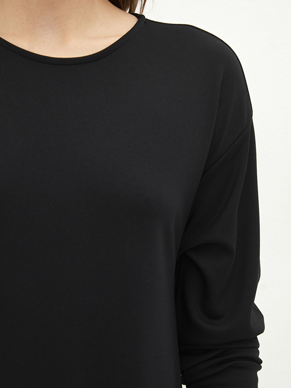 Siyah Bisiklet Yaka Düz Uzun Kollu A Kesim Ponte Kumaş Kadın Elbise-3