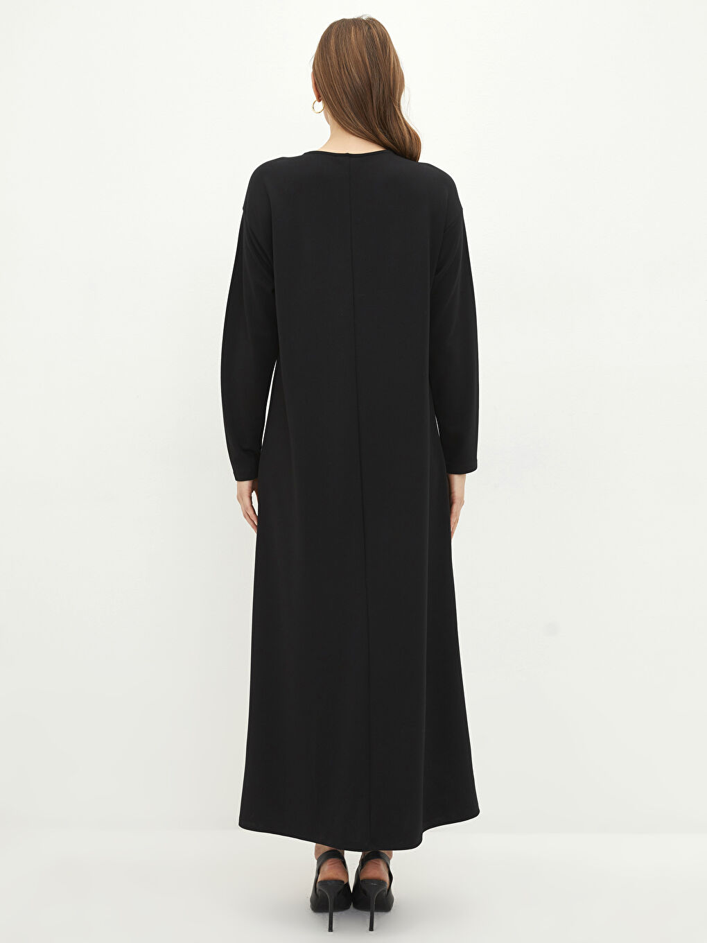 Siyah Bisiklet Yaka Düz Uzun Kollu A Kesim Ponte Kumaş Kadın Elbise-4