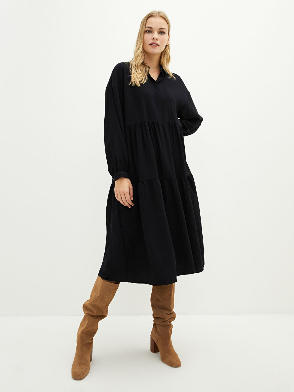 Siyah Düz Uzun Kollu Armürlü Kadın Gömlek Elbise