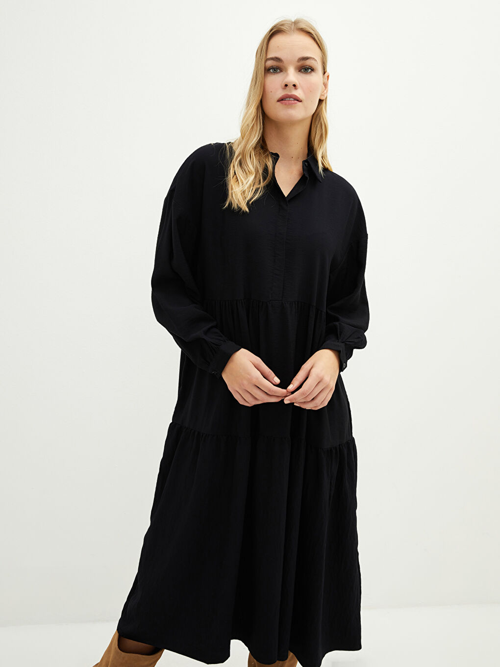 Siyah Düz Uzun Kollu Armürlü Kadın Gömlek Elbise-2