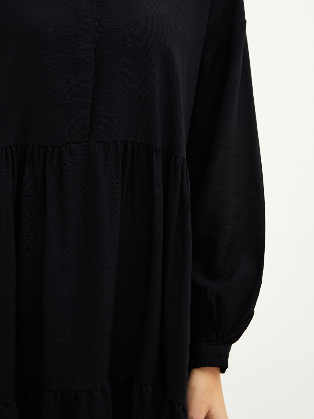 Siyah Düz Uzun Kollu Armürlü Kadın Gömlek Elbise-3