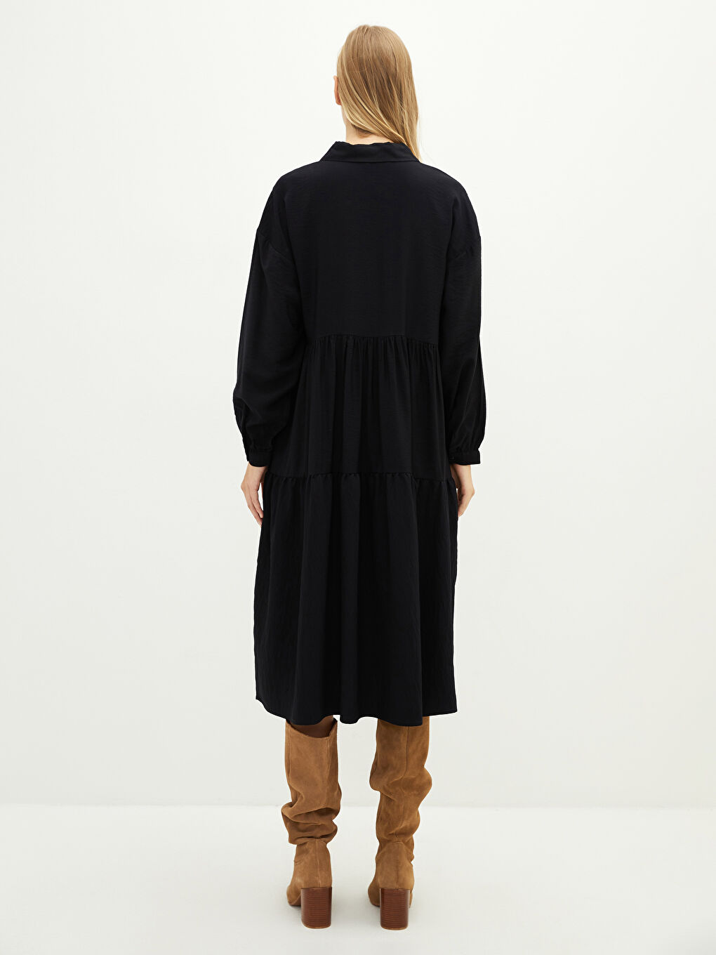 Siyah Düz Uzun Kollu Armürlü Kadın Gömlek Elbise-4