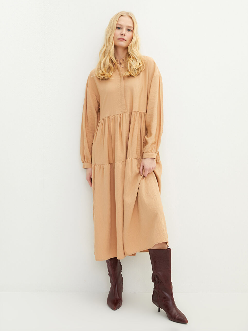 Plain Long Sleeve Dobby Women's Shirt Dress -S23695Z8-GGK