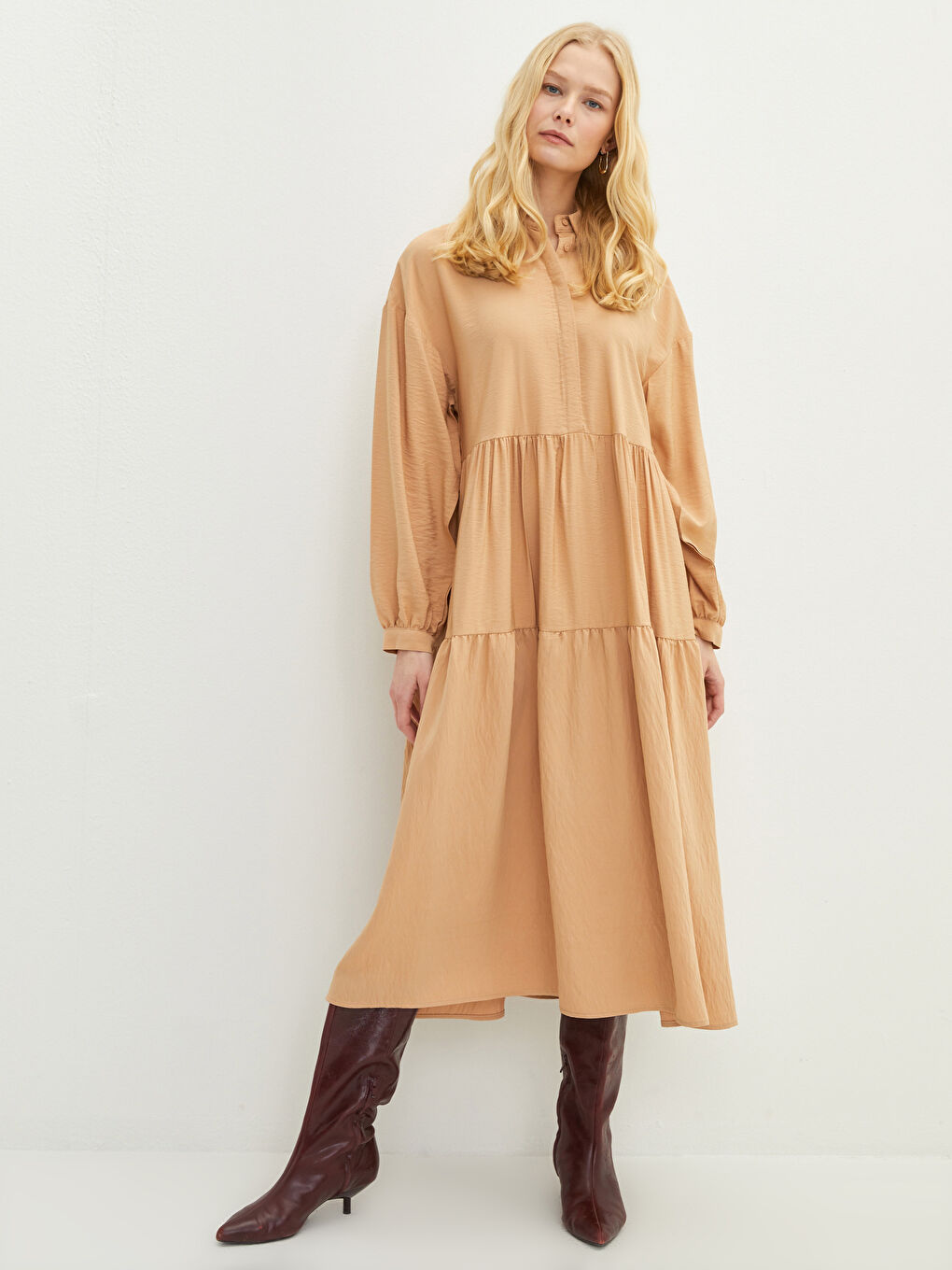 Plain Long Sleeve Dobby Women's Shirt Dress -S23695Z8-GGK