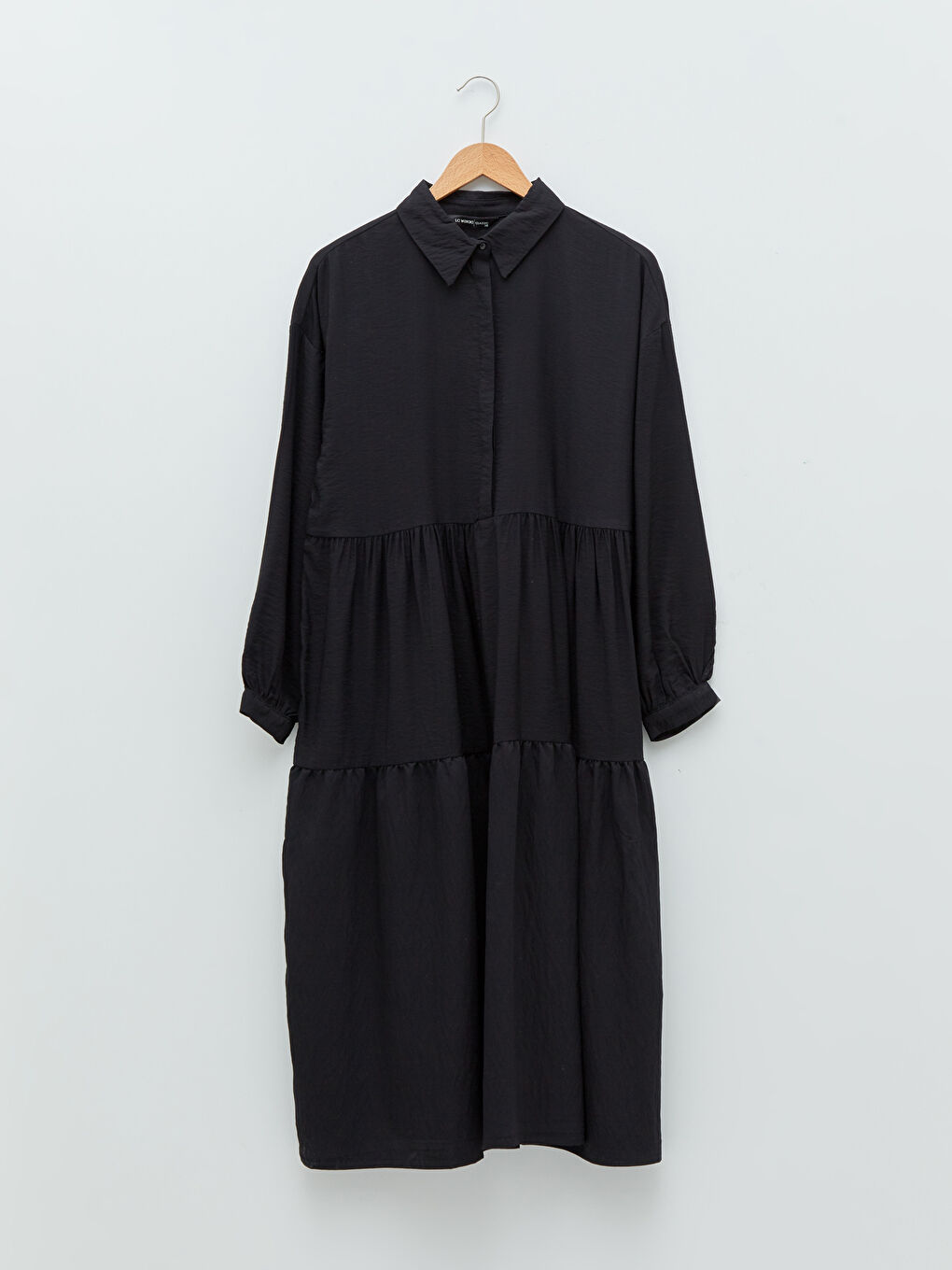 Siyah Düz Uzun Kollu Armürlü Kadın Gömlek Elbise-5