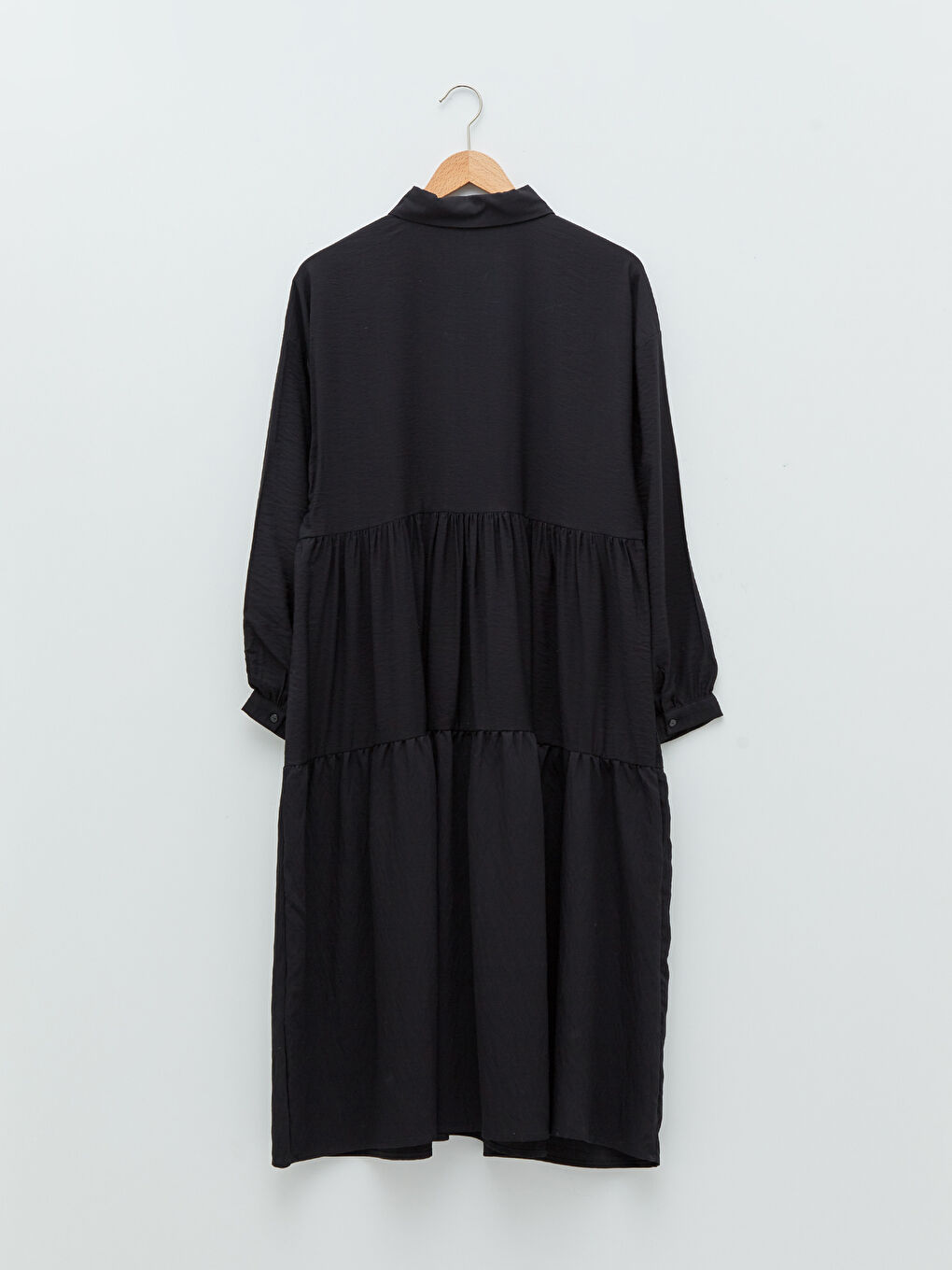 Siyah Düz Uzun Kollu Armürlü Kadın Gömlek Elbise-6