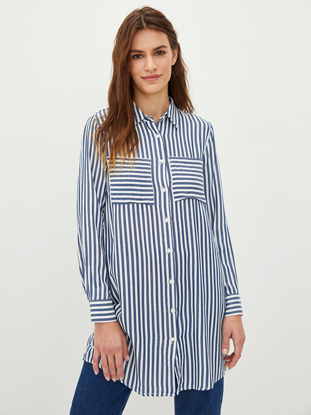 Striped Long Sleeve Crepe Women's Shirt Tunic