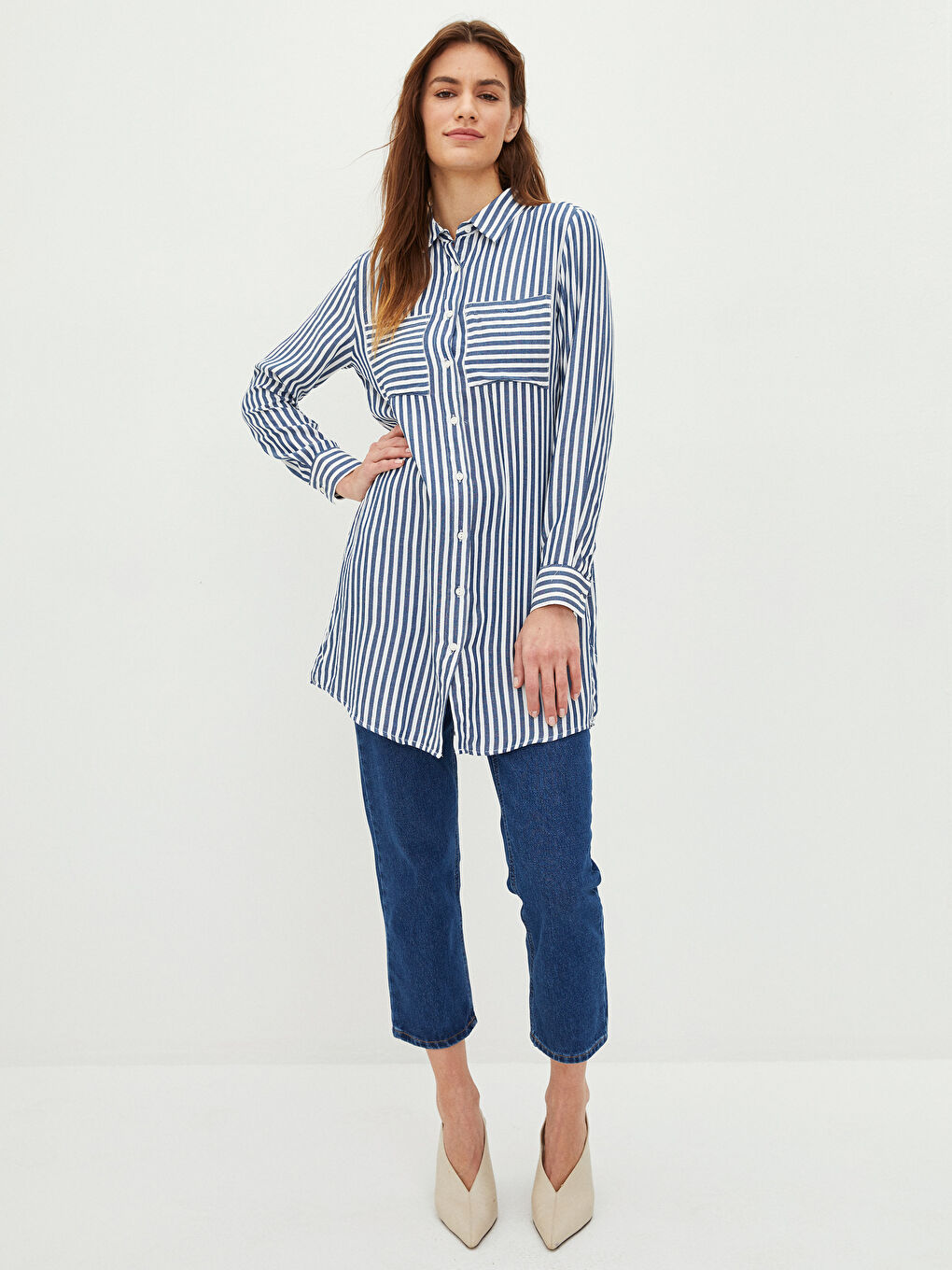 Striped Long Sleeve Crepe Women's Shirt Tunic-1