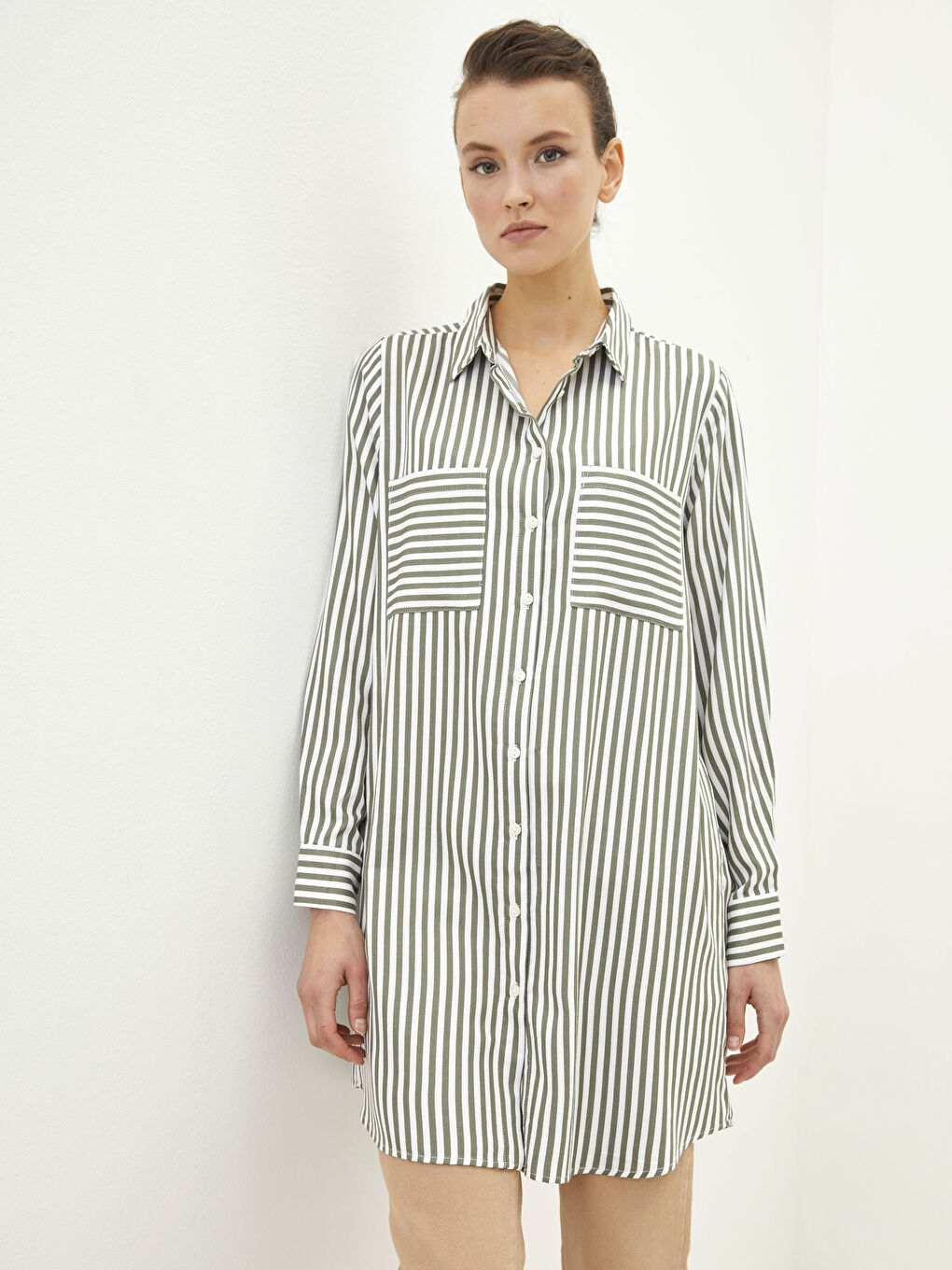 Haki Çizgili Uzun Kollu Krep Kadın Gömlek Tunik