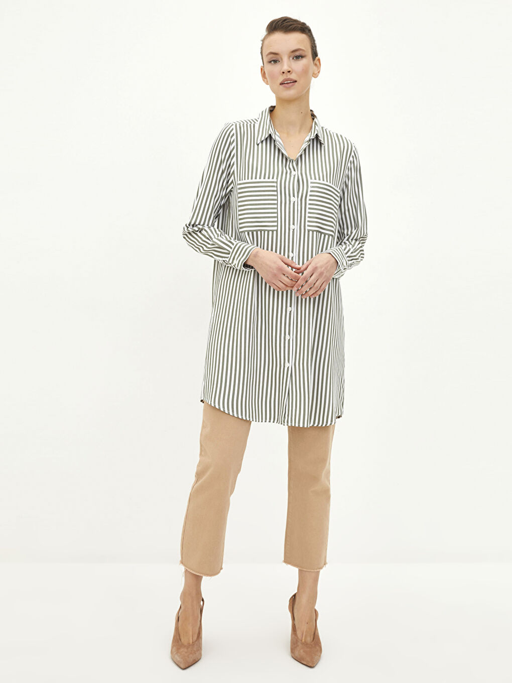 Haki Çizgili Uzun Kollu Krep Kadın Gömlek Tunik-1