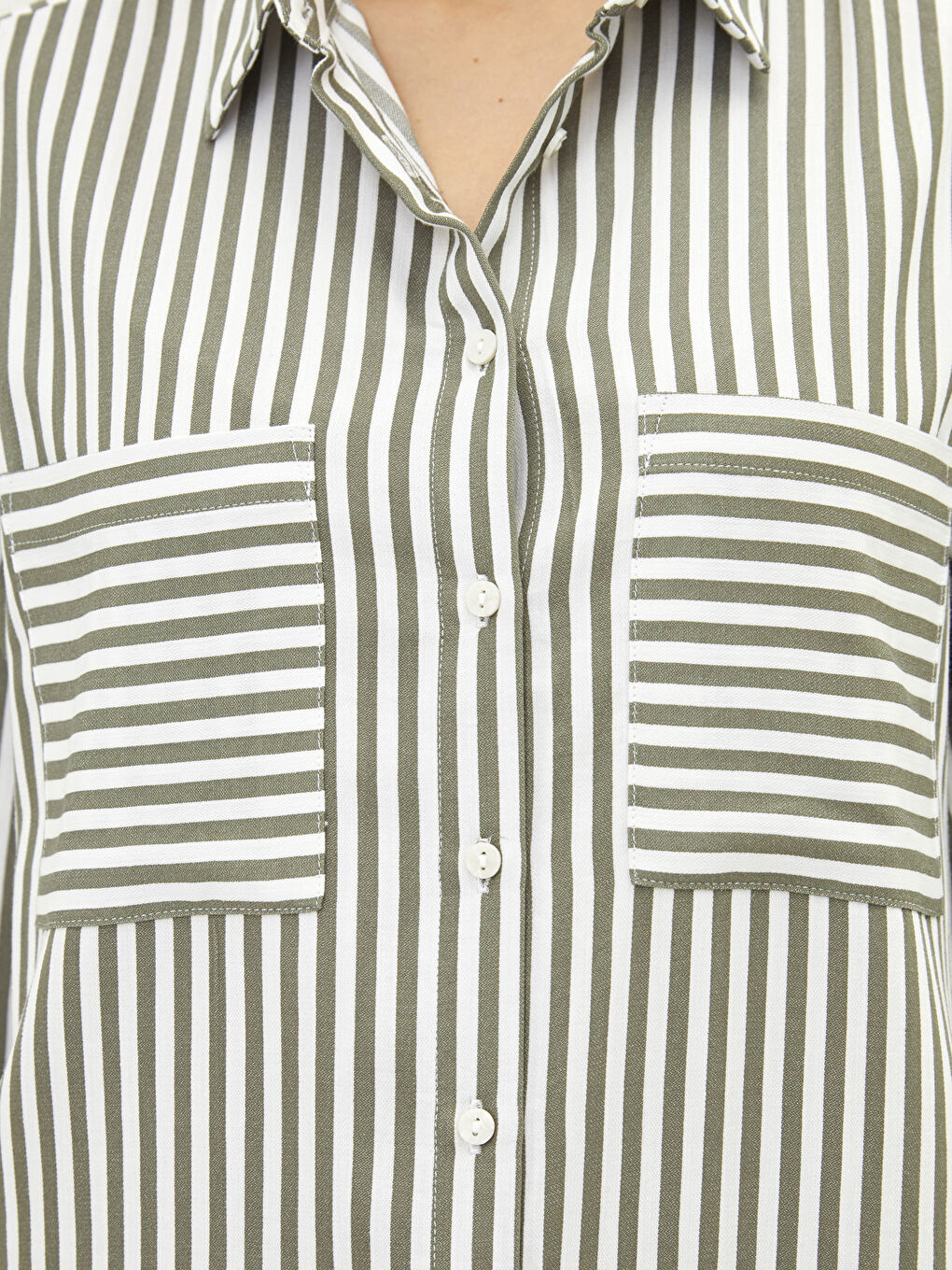 Haki Çizgili Uzun Kollu Krep Kadın Gömlek Tunik-2