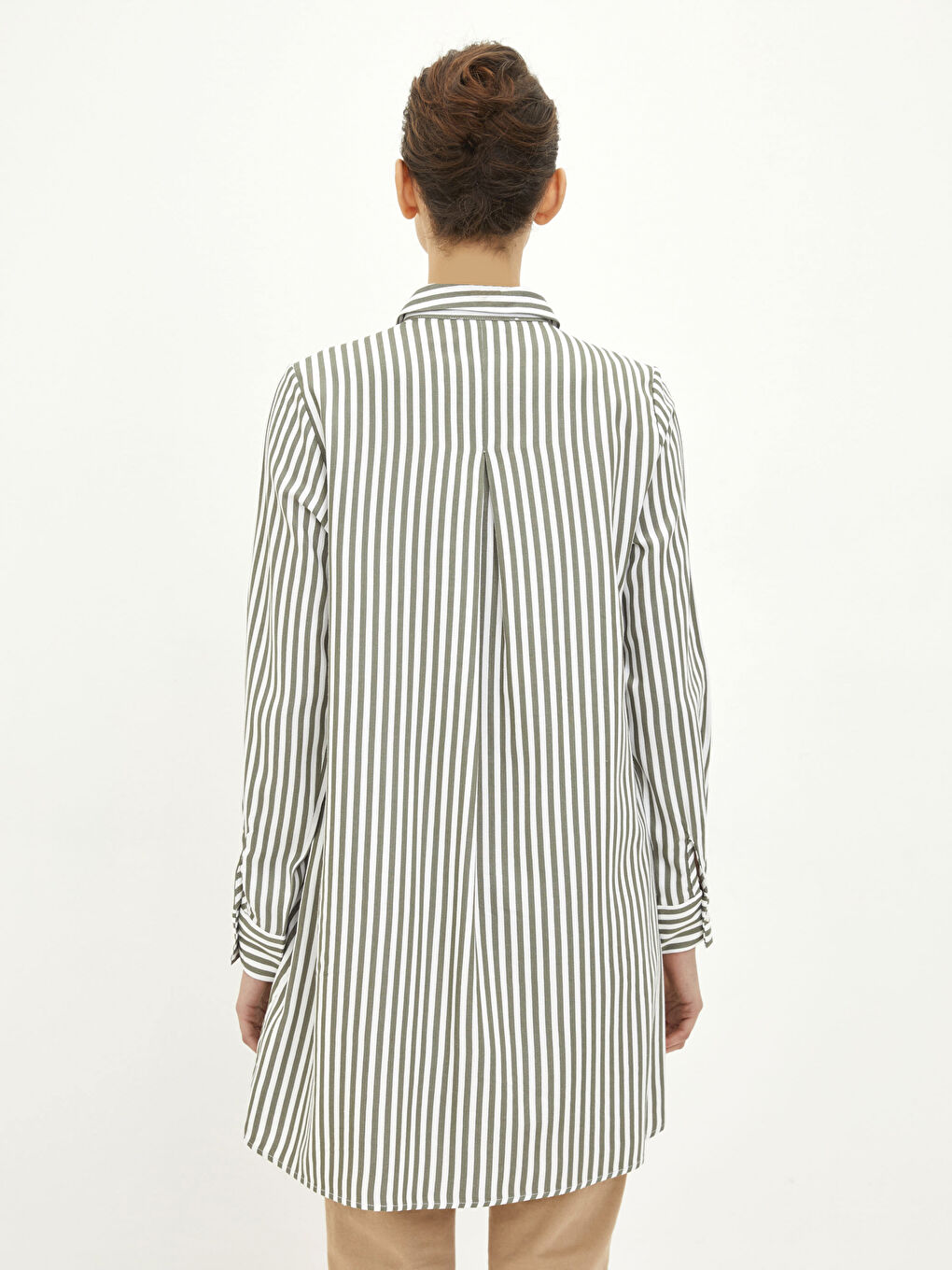 Haki Çizgili Uzun Kollu Krep Kadın Gömlek Tunik-3