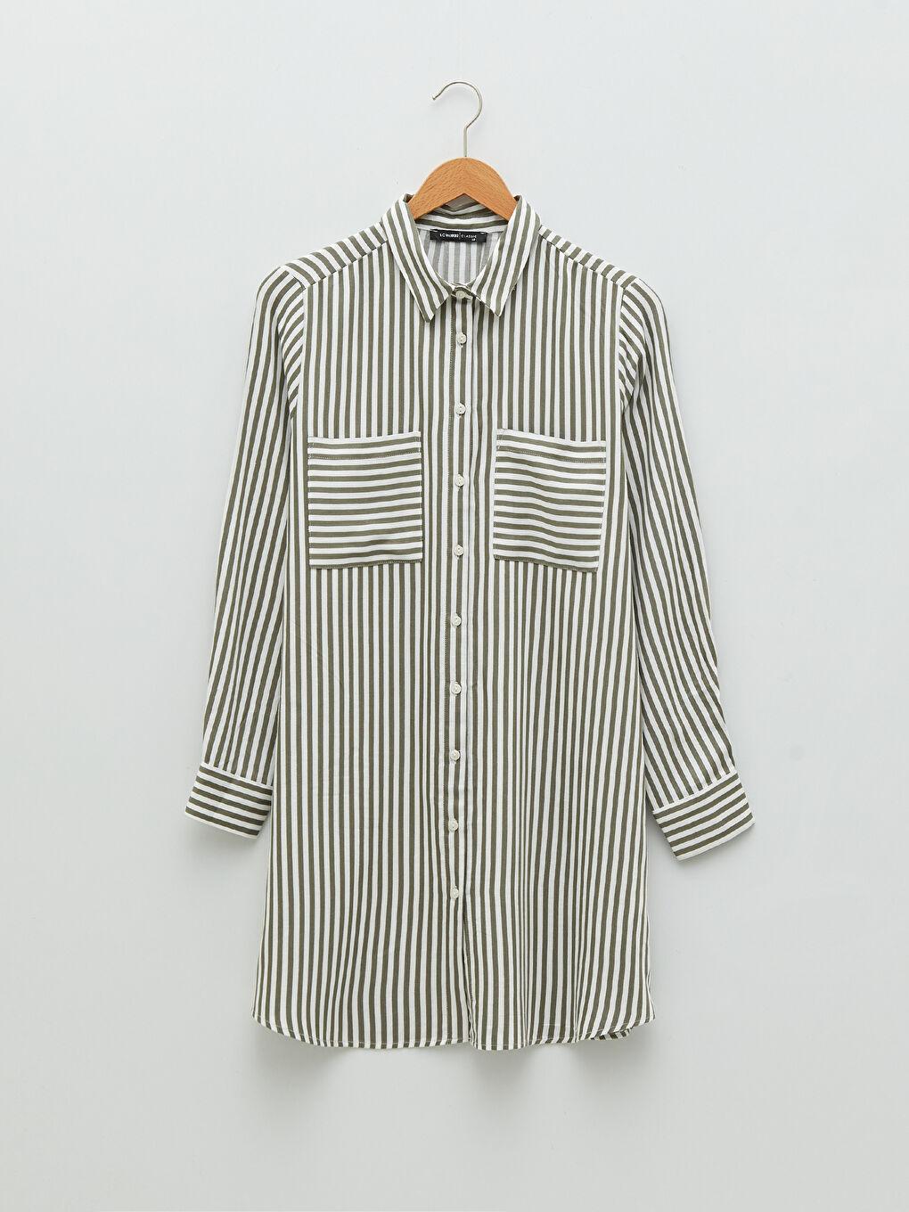 Haki Çizgili Uzun Kollu Krep Kadın Gömlek Tunik-4