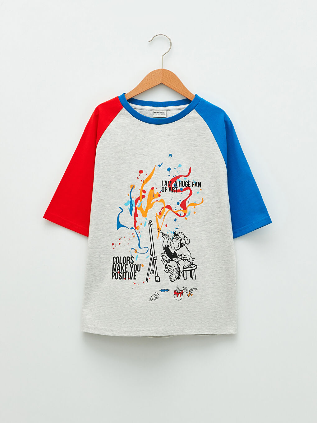 Gri Bisiklet Yaka Nostaljik Maymun Baskılı Kısa Kollu Erkek Çocuk Tişört