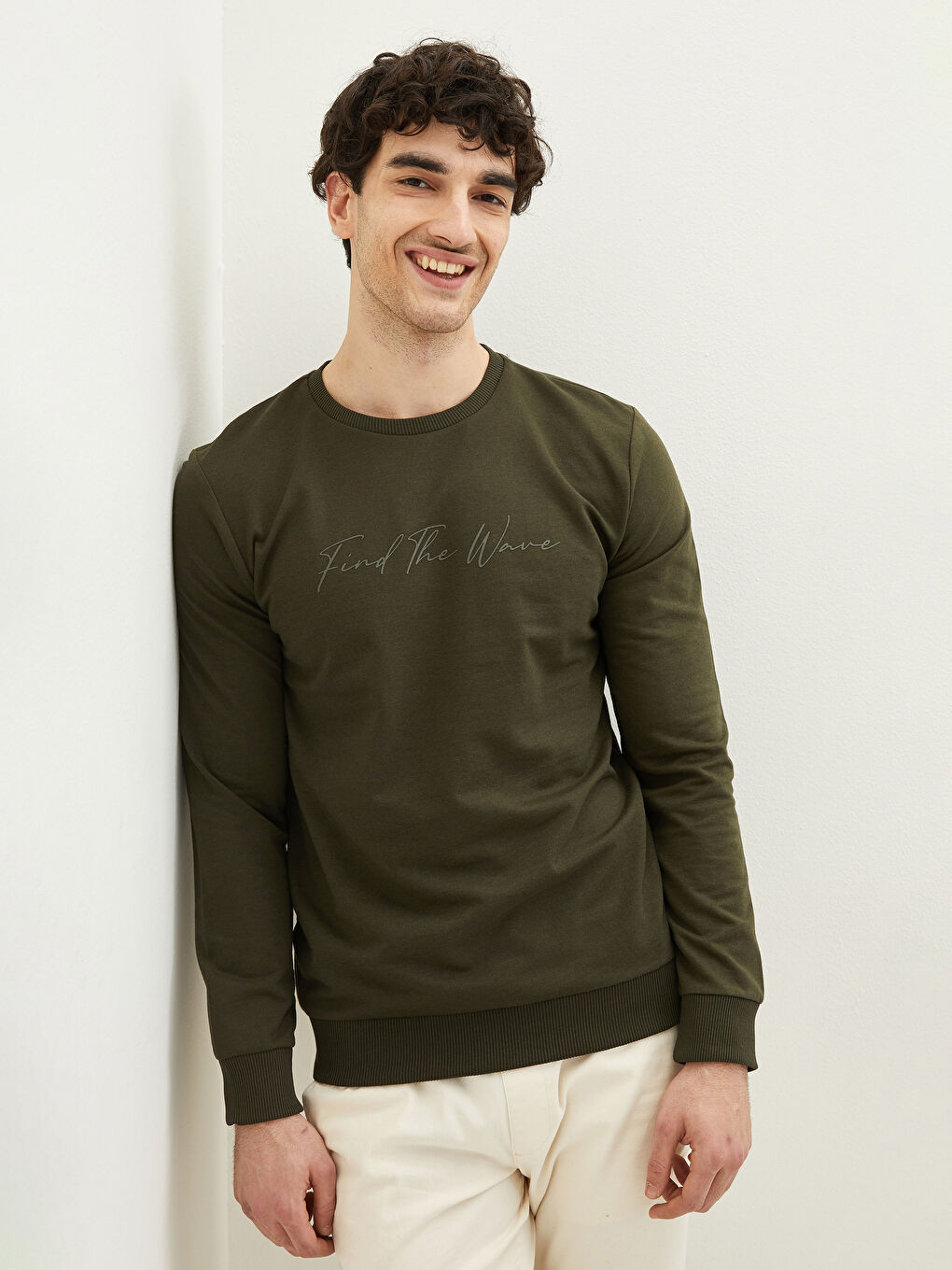 Haki Bisiklet Yaka Uzun Kollu Baskılı Erkek Sweatshirt-3