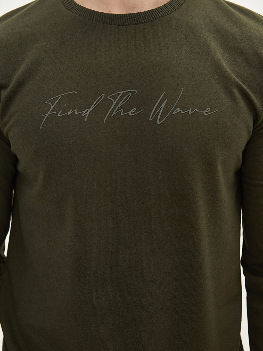 Haki Bisiklet Yaka Uzun Kollu Baskılı Erkek Sweatshirt-5