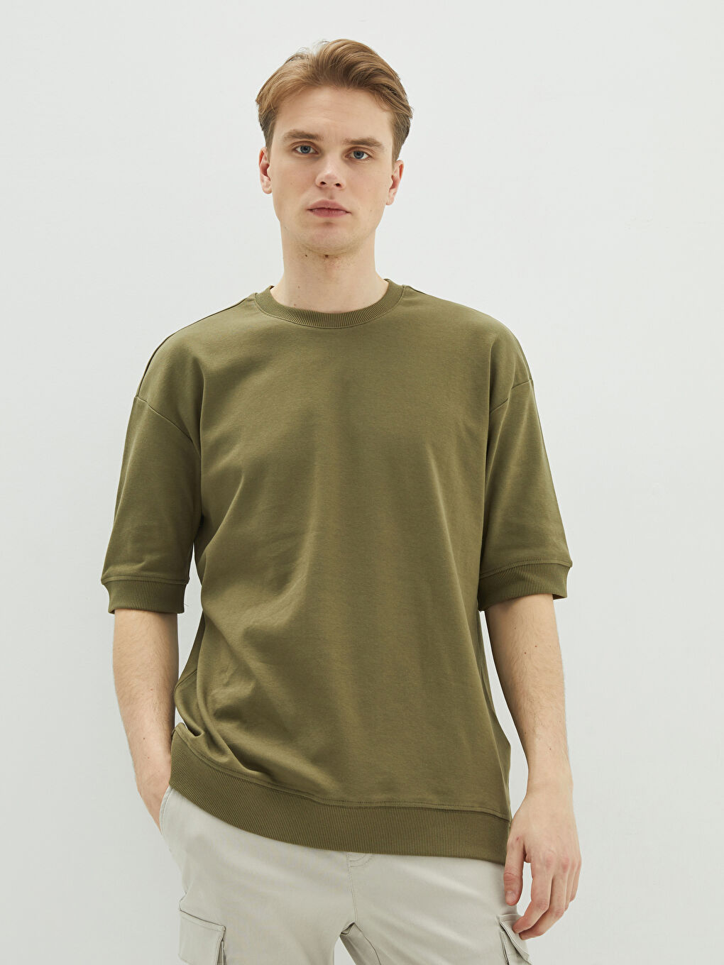 Haki Oversize Bisiklet Yaka Kısa Kollu Erkek Sweatshirt-1