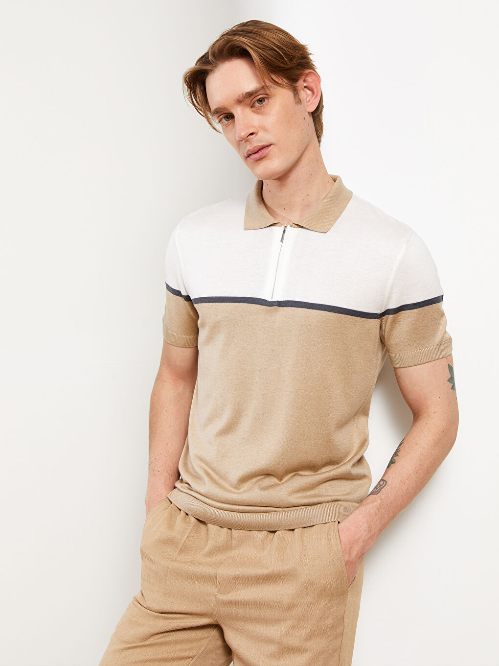 سترة ياقة بولو كم قصير بلوك الألوان للرجال